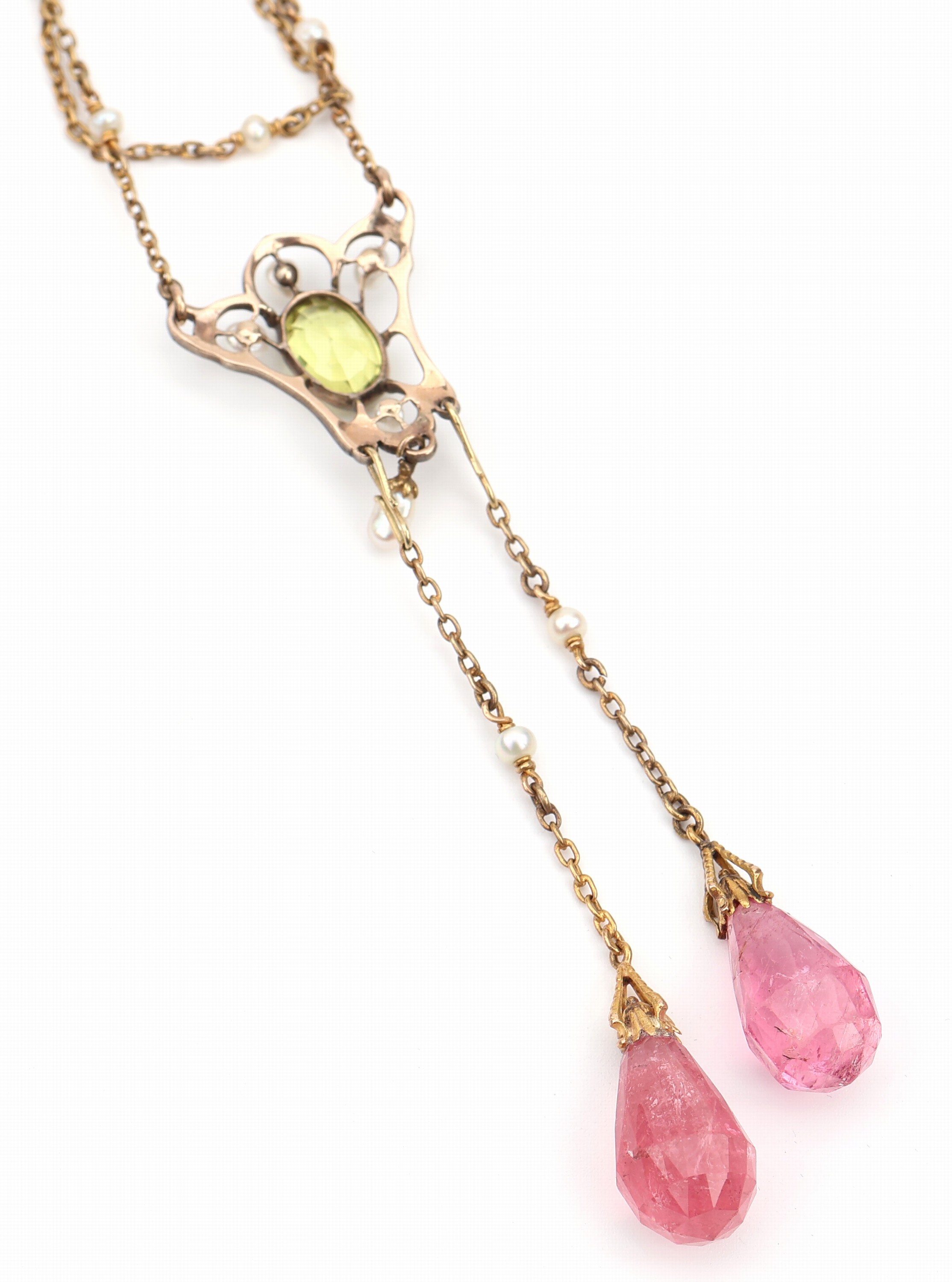 Detail a: 18 kt Gold Jugendstil Turmalin-Peridot-Perl- Collier, um 1900, GG 750/000 und Silber Mittelteil mit ovalfacett. Peridot ca. 2.50 ct, 2 facett. ...