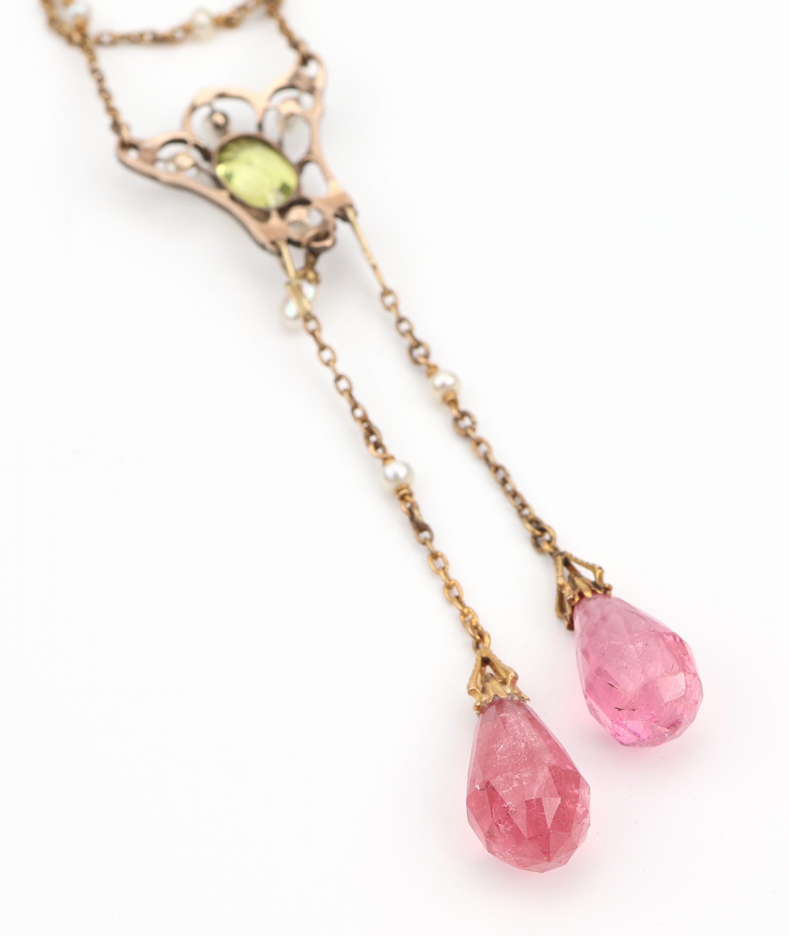 Detail f: 18 kt Gold Jugendstil Turmalin-Peridot-Perl- Collier, um 1900, GG 750/000 und Silber Mittelteil mit ovalfacett. Peridot ca. 2.50 ct, 2 facett. ...