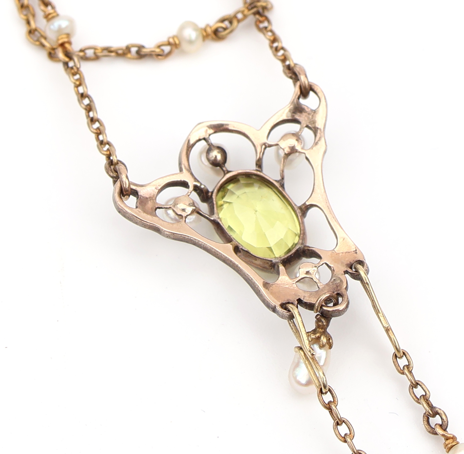 Detail g: 18 kt Gold Jugendstil Turmalin-Peridot-Perl- Collier, um 1900, GG 750/000 und Silber Mittelteil mit ovalfacett. Peridot ca. 2.50 ct, 2 facett. ...