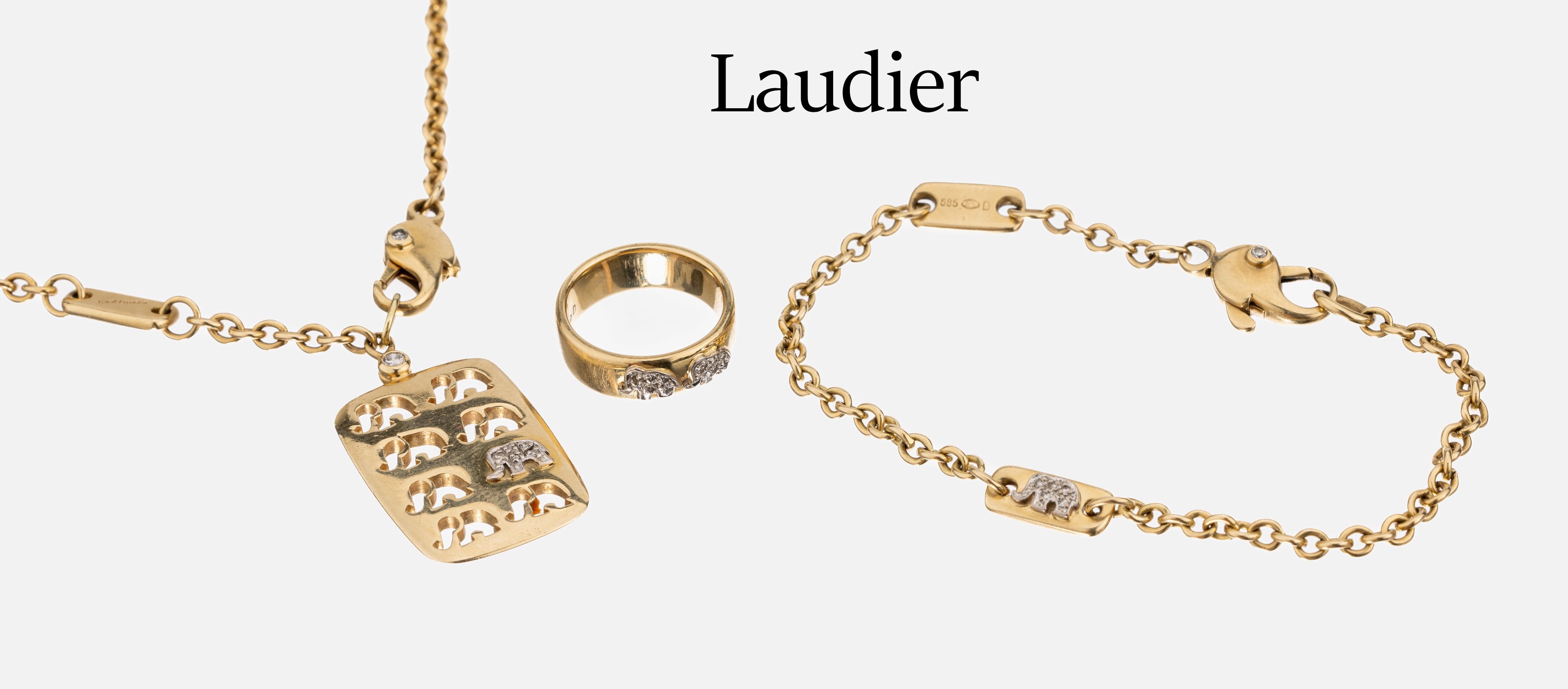 14 kt Gold LAUDIER Diamant-Schmuckset, GG 585/000, best. aus: Ring, Armband und Collier, Brillanten und 8/8-Diamanten zus. ca. 0.12 ct Weiß/si, ca. ...