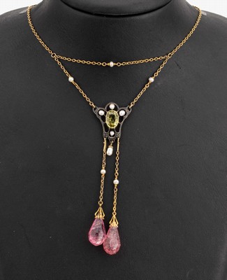 Image 18 kt gold tourmaline-peridot-pearl Art- Nouveau necklace , approx. 1900s, YG 750/000 ...