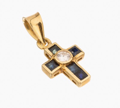 Image 18 kt gold sapphire-brilliant crosspendant ,YG 750/000, centered brilliant approx. 0.15 ...