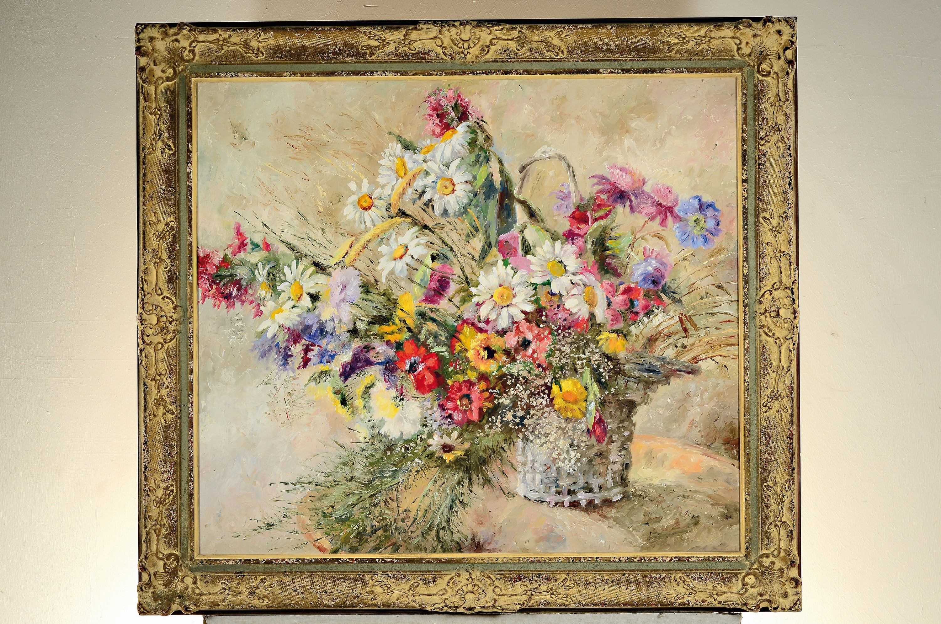 Detail k: Siegfried Rochel, 1904 Berlin-1985, Üppiges Blumenstillleben im Korb, Öl/Lwd, rechts unten und rückseitig signiert, ca. 70x80cm, R. ca. 86x96cm