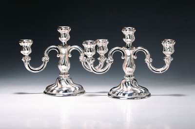 Image Pair of candlesticks, German, 2nd half of the 20th century, 925 silver, each with three ...