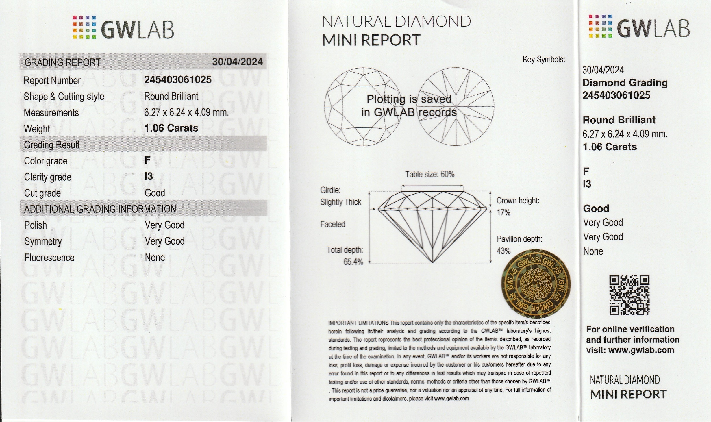 Detail a: Loser Diamant ca. 1.06 ct feines Weiß G/p3, Zertifikat
