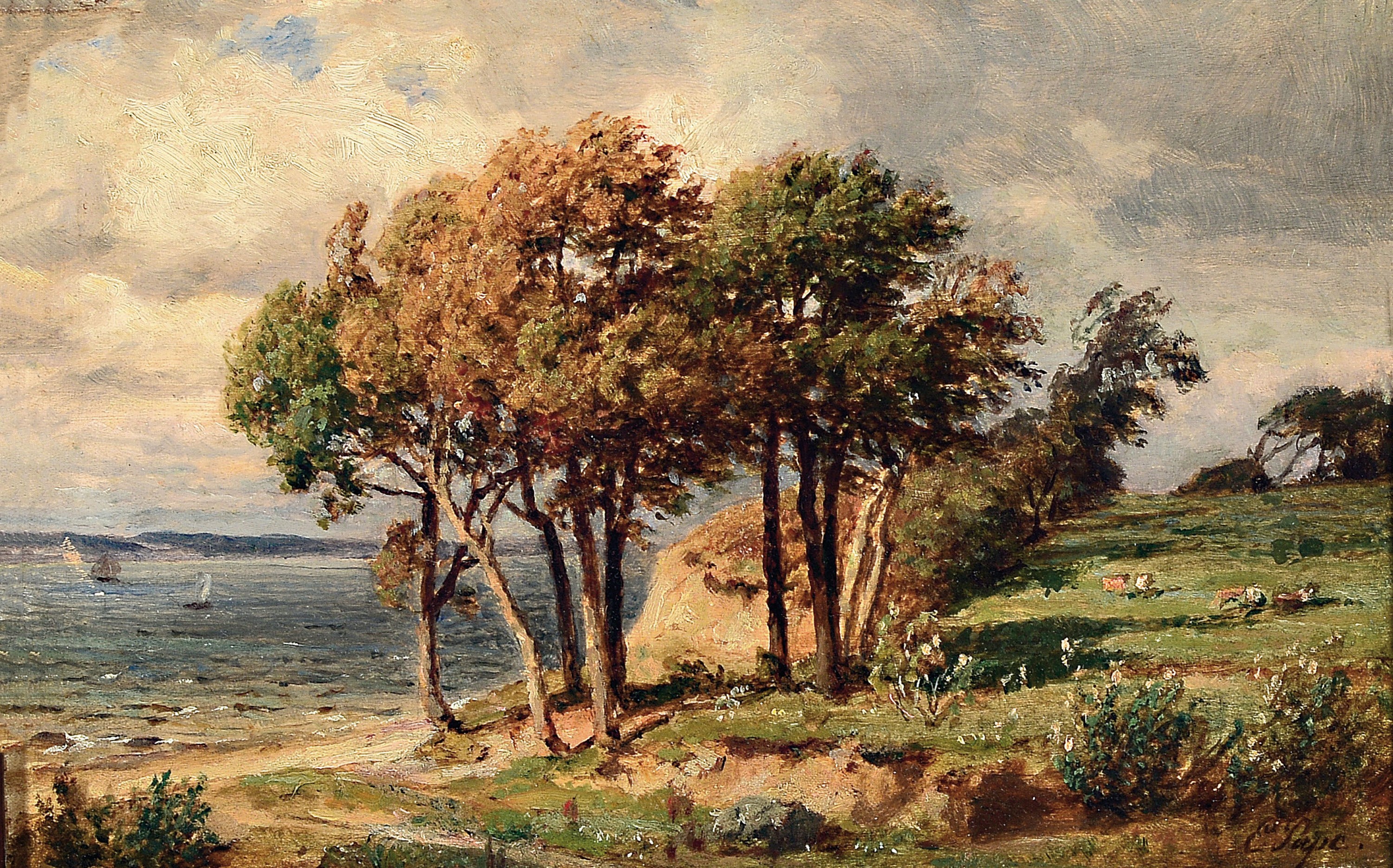 Eduard Friedrich Pape, 1817-1905 Berlin, Landschaft mit Baum bestandenem Seeufer und weidenden Kühen, Öl/Holz, rechts unten sign., ca. 20x30cm, R. ...