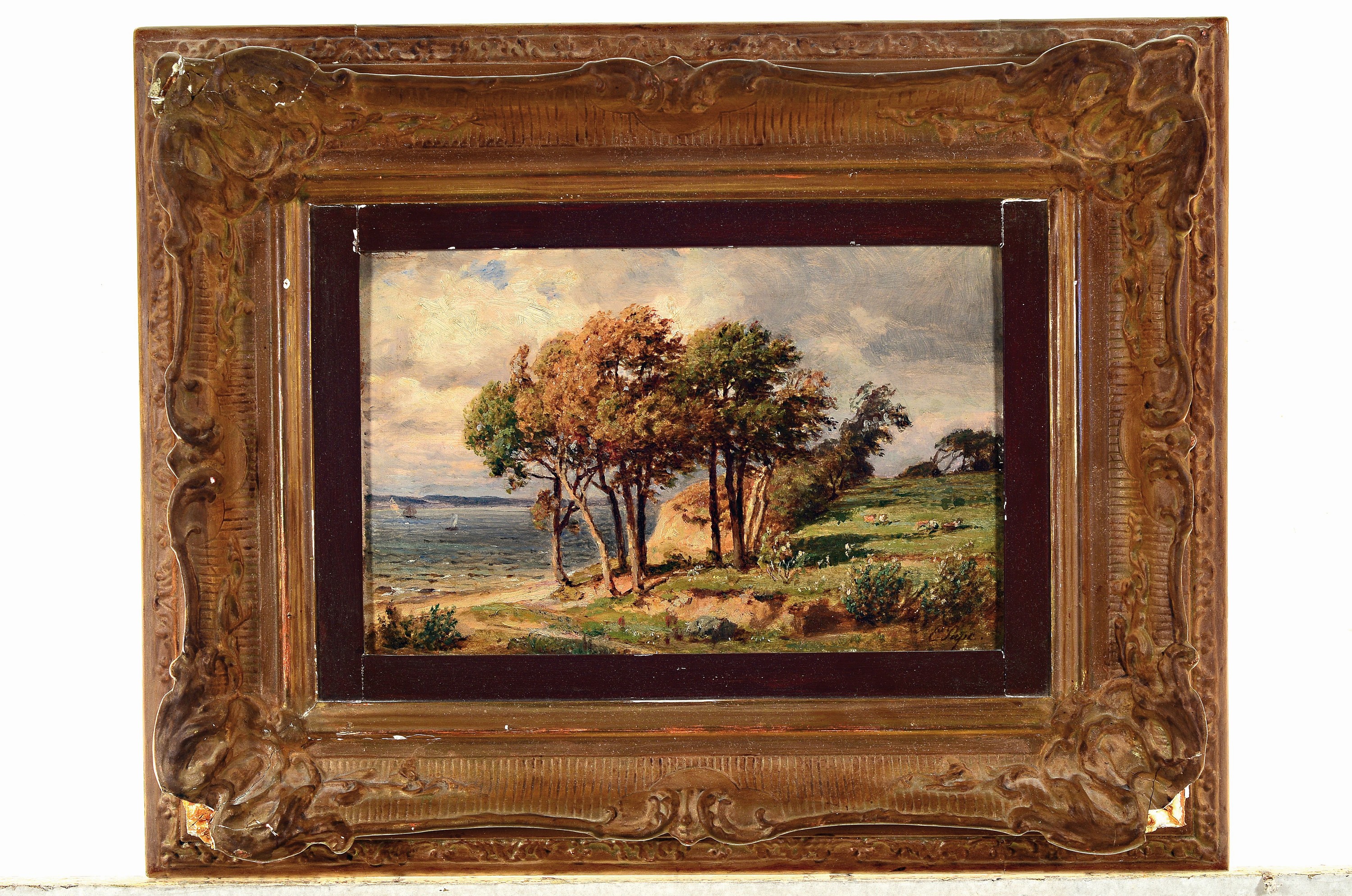 Detail k: Eduard Friedrich Pape, 1817-1905 Berlin, Landschaft mit Baum bestandenem Seeufer und weidenden Kühen, Öl/Holz, rechts unten sign., ca. 20x30cm, R. ...