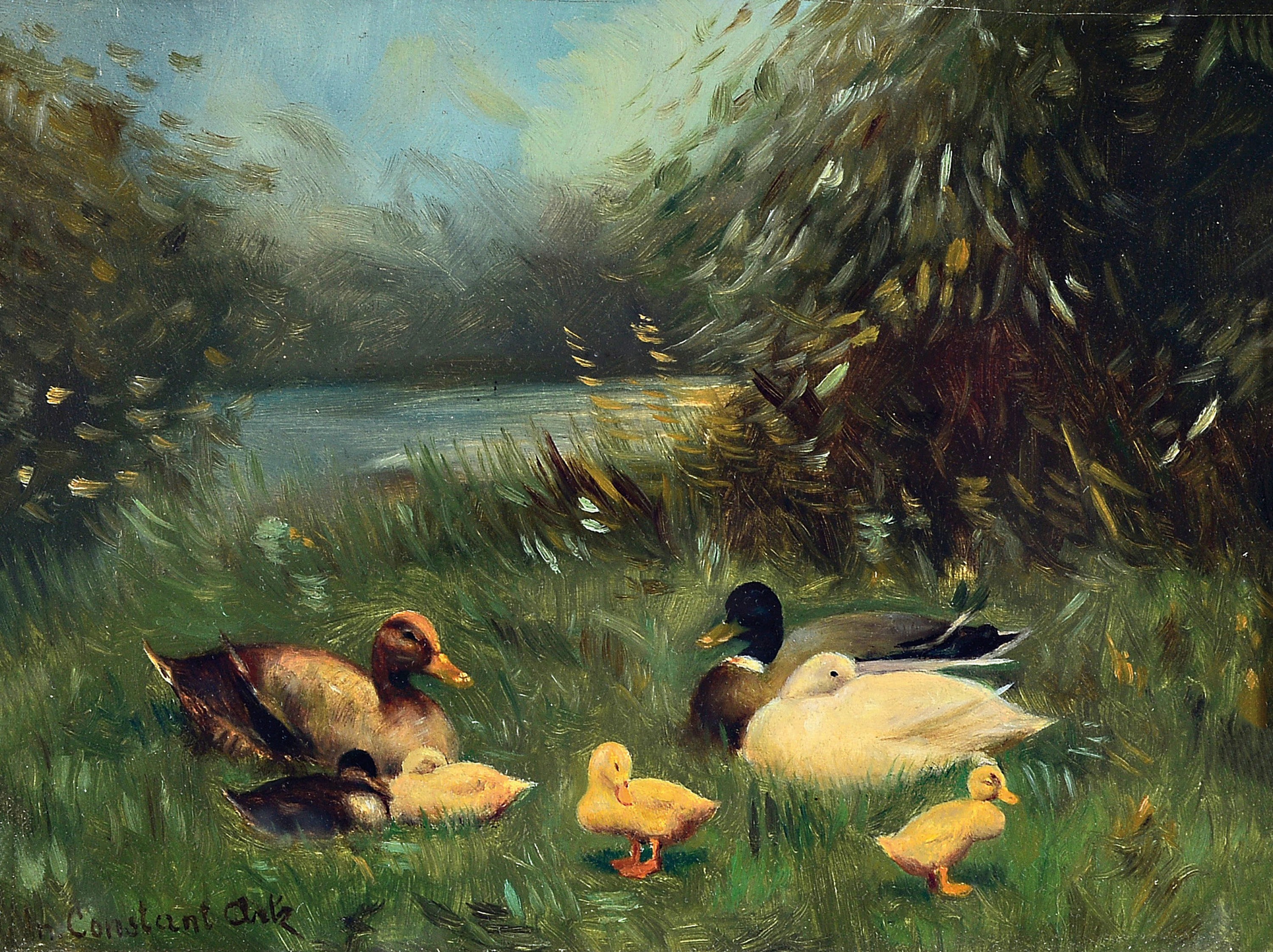 Constant Artz, 1870 Paris-1951 Soest, Entenfamilie am Ufer eines Teiches, Öl/Holz, links unten sign., ca. 18x24cm, u.Gl., R. ca. 32x38cm
