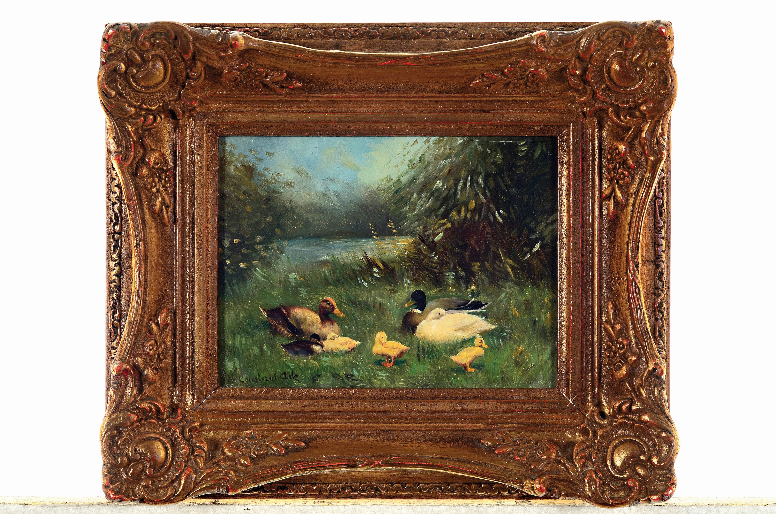Detail k: Constant Artz, 1870 Paris-1951 Soest, Entenfamilie am Ufer eines Teiches, Öl/Holz, links unten sign., ca. 18x24cm, u.Gl., R. ca. 32x38cm