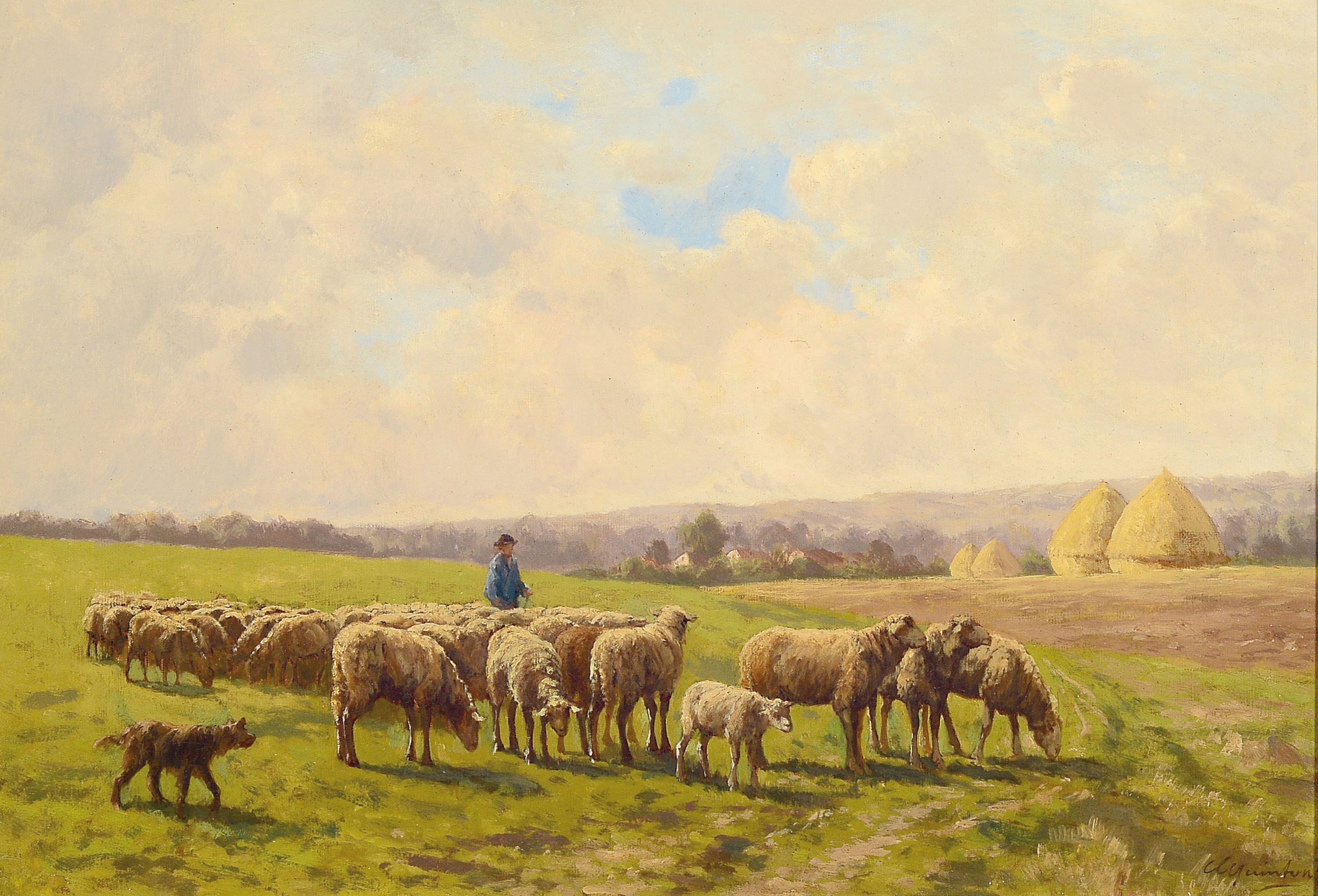 Clement Quinton, 1851 Paris-920, Schäfer mit seiner Herde in weiter Landschaft, Öl/Lwd, rechts unten signiert, ca. 39x55cm, R. ca. 58x75cm
