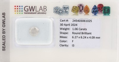 Image Loser Diamant ca. 1.06 ct feines Weiß G/p3, Zertifikat Schätzpreis: 2800, - EUR