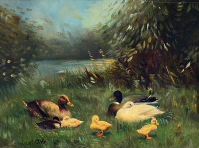 Image Constant Artz, 1870 Paris-1951 Soest, duck family on the bank of a pond, oil/wood, ...