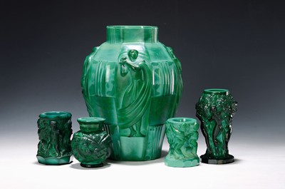 Image 5 vases made of malachite glass, Schlevogt, Gablonz, large vase with relief nudes on the ...