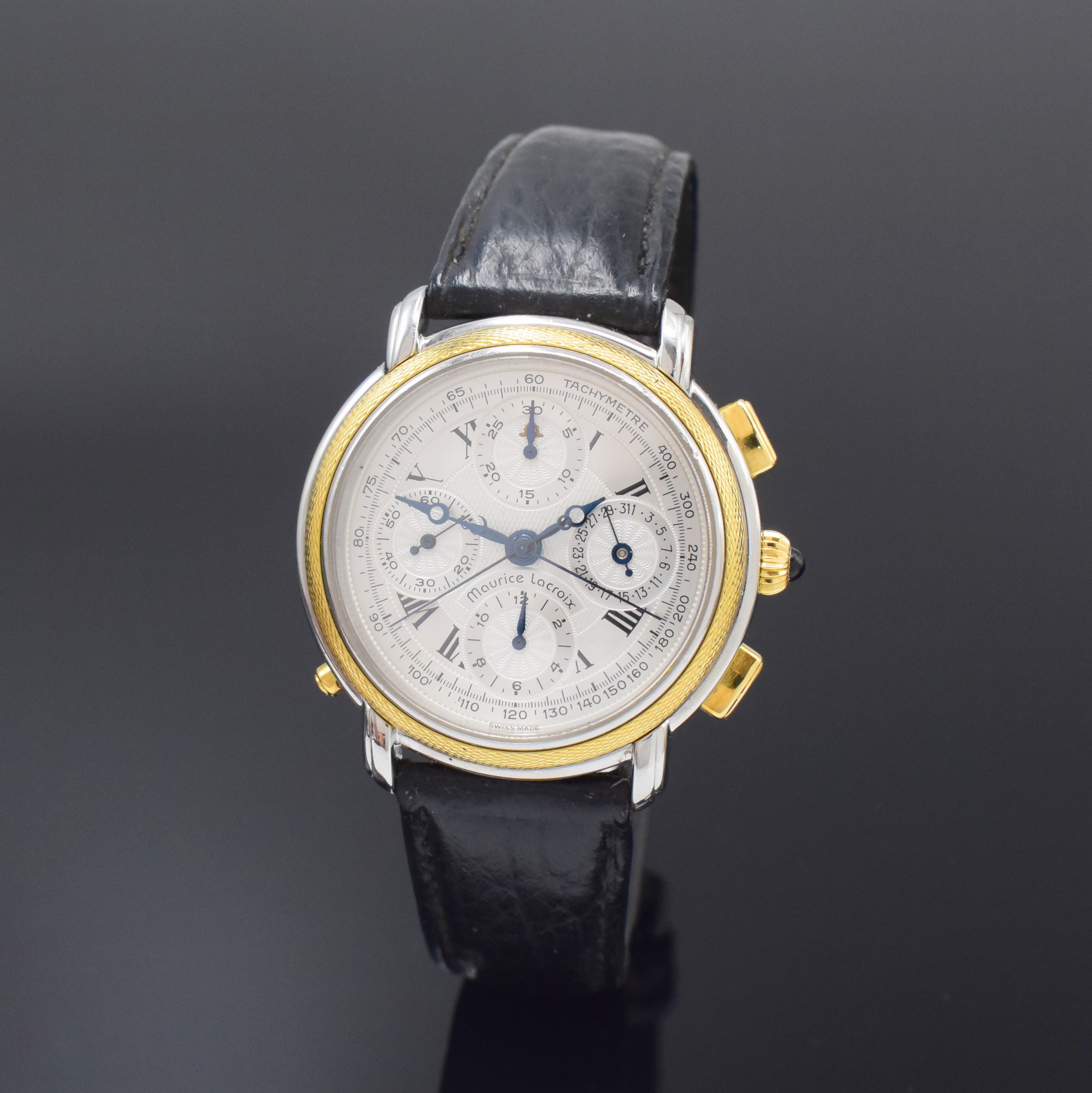MAURICE LACROIX auf 999 Stück limitierter Armbandchronograph Masterpiece Rattrapante in Stahl/Gold, Schweiz um 1995, Automatik, beids. vergl. Boden, ...