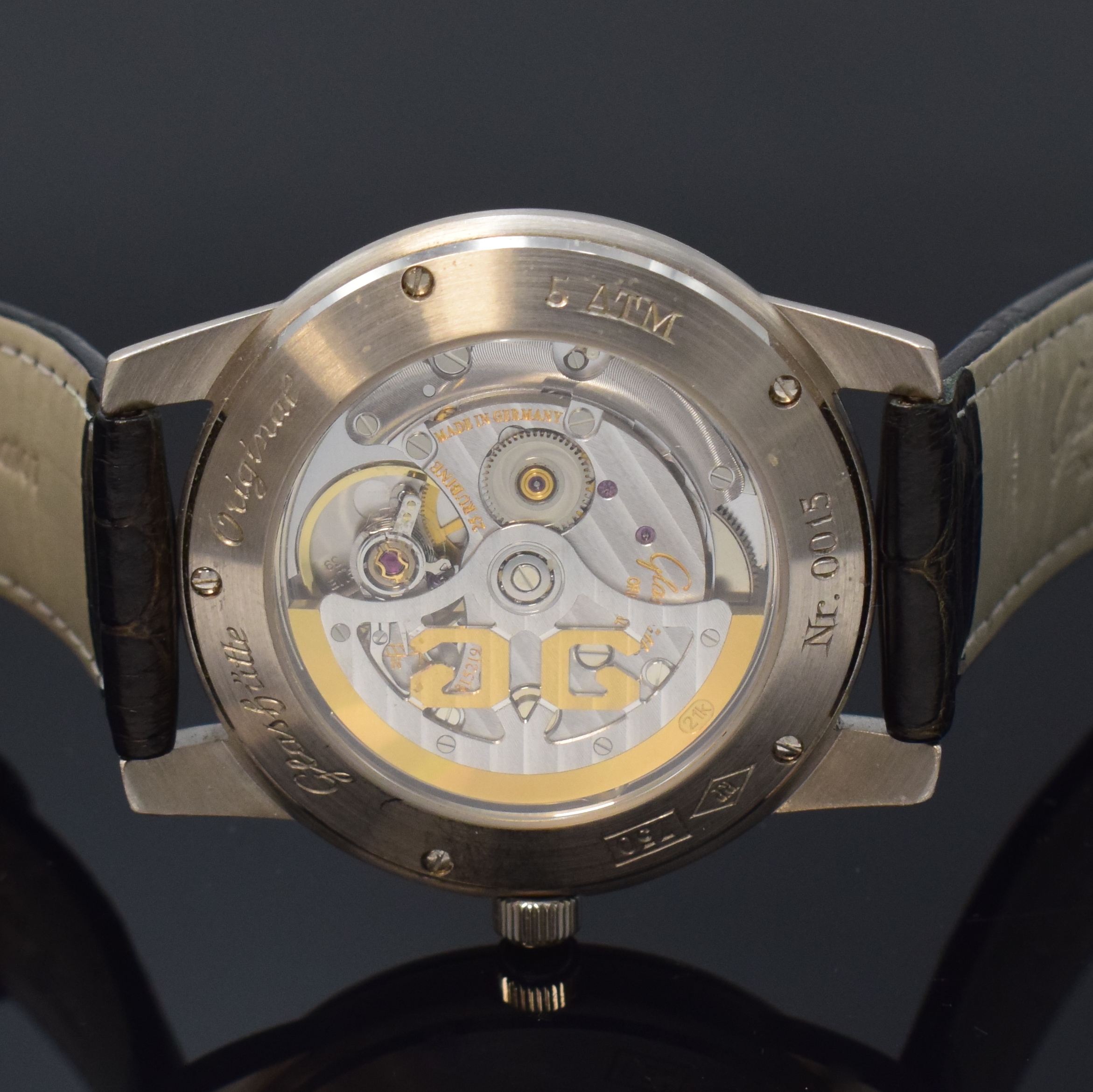 Detail f: GLASHÜTTE ORIGINAL Senator Herrenarmbanduhr in WG 750/000, Deutschland um 2010, Automatik, beids. vergl. Geh., Boden 5-fach verschr., orig. ...