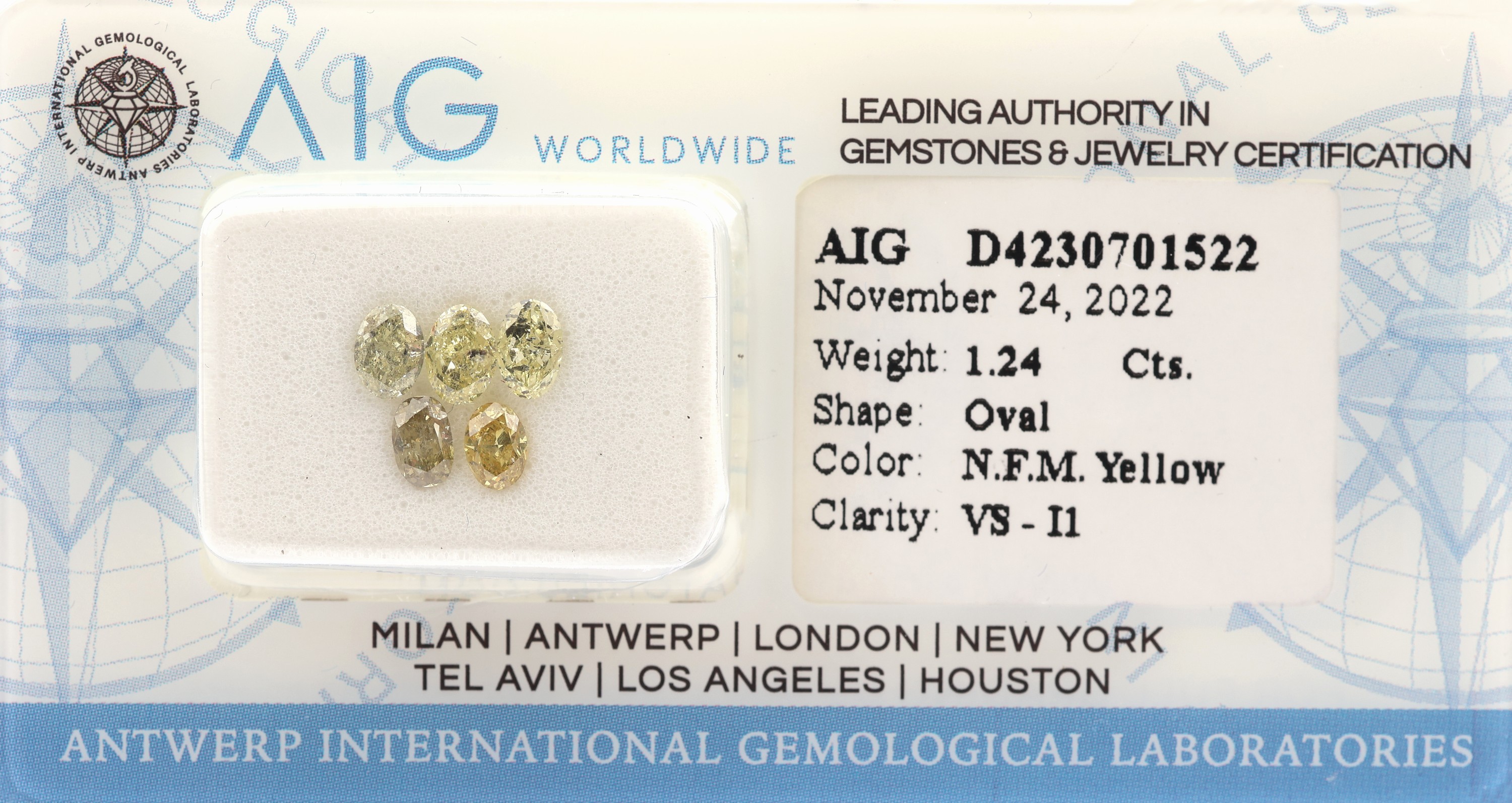 Lot lose Diamanten zus. ca. 1.24 ct, oval- facett., Natural Fancy Mix Yellow/vs-p1, verschweißt, mit AIG-Expertise