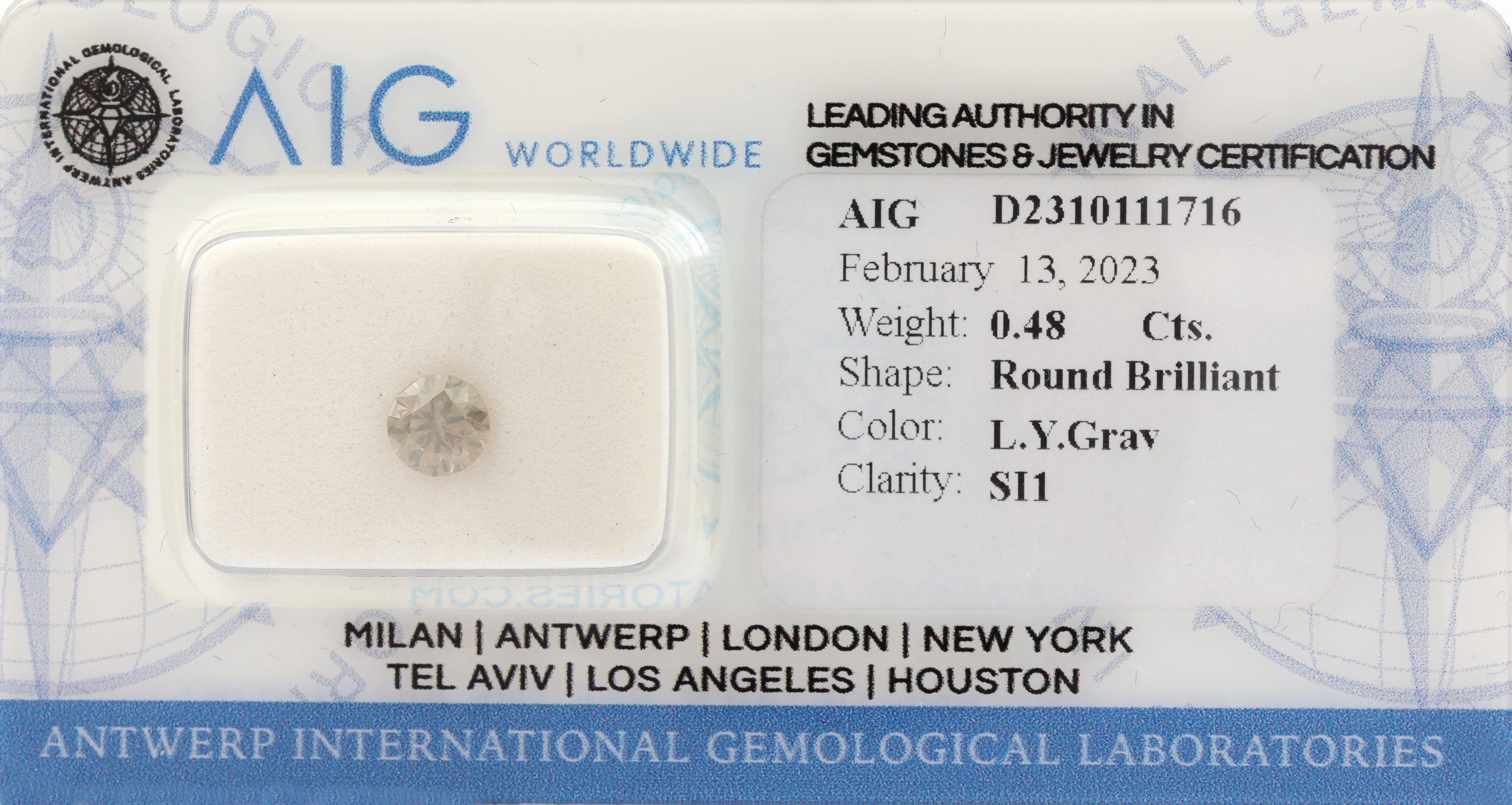 Loser Brillant ca. 0.48 ct, light yellowishGray/p, 4.88 x 4.79 x 3.13 mm, verschweisst, mit AIG-Expertise