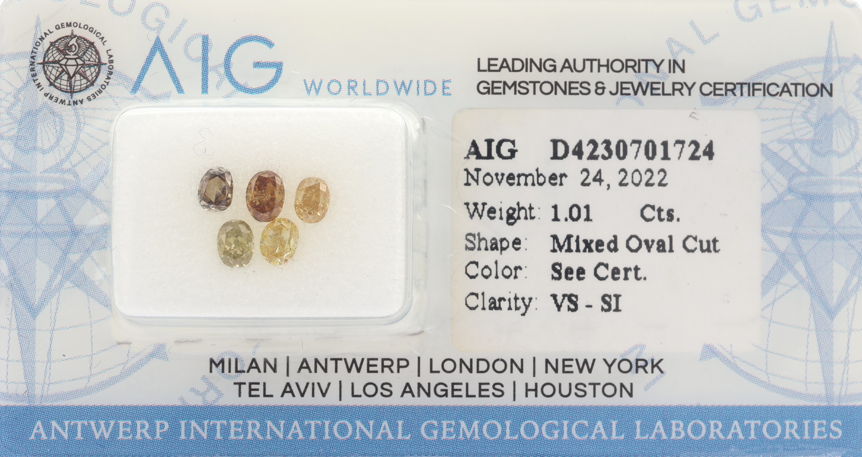 Lot 5 lose Diamanten zus. ca. 1.01 ct, ovalfacett., natural fancy Mix Yellow-Brown- Orange/vs-si, verschweißt, AIG-Expertise