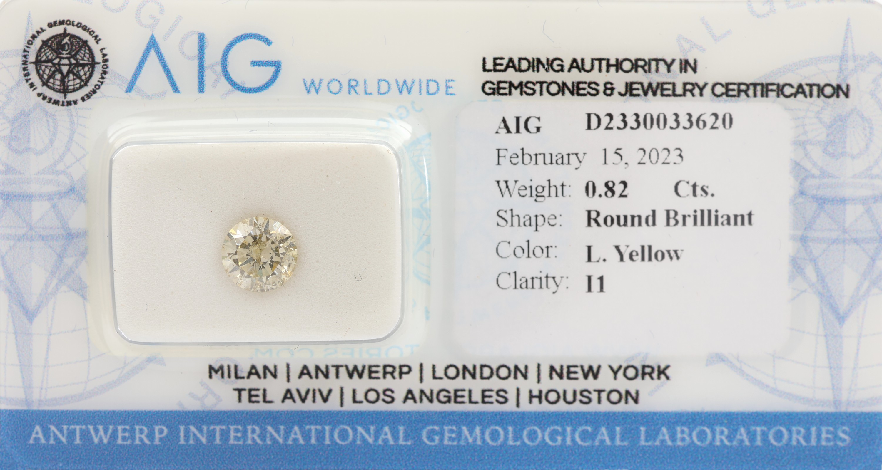 Loser Brillant ca. 0.82 ct, light Yellow/p1, 6.03 x 5.99 x 3.67 mm, verschweißt, mit AIG-Expertise