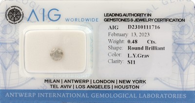 Image Loose brilliant approx. 0.48 ct , light yellowish Gray/p, 4.88 x 4.79 x 3.13 mm, sealed, ...