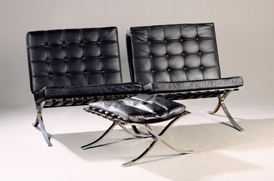 Image Pair of Barcelona chairs and an ottoman, Mies van der Rohe, designed in 1929, ...