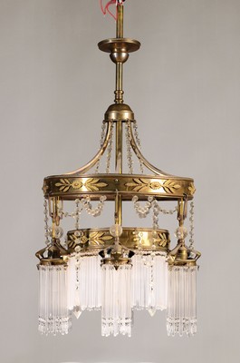 Image Ceiling lamp, Art Nouveau around 1910, 7 burners, brass fittings decorated with glass ...