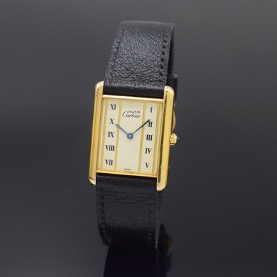 Image 26801433 - CARTIER Tank Vermeil ladies wristwatch, quartz, gold-plated silver case, neutral leather strap with gold-plated buckle, case back screwed-down 4-times, cream colored dial with Roman numerals, blued steel hands, measures approx. 31 x 23 mm, condition 2-3