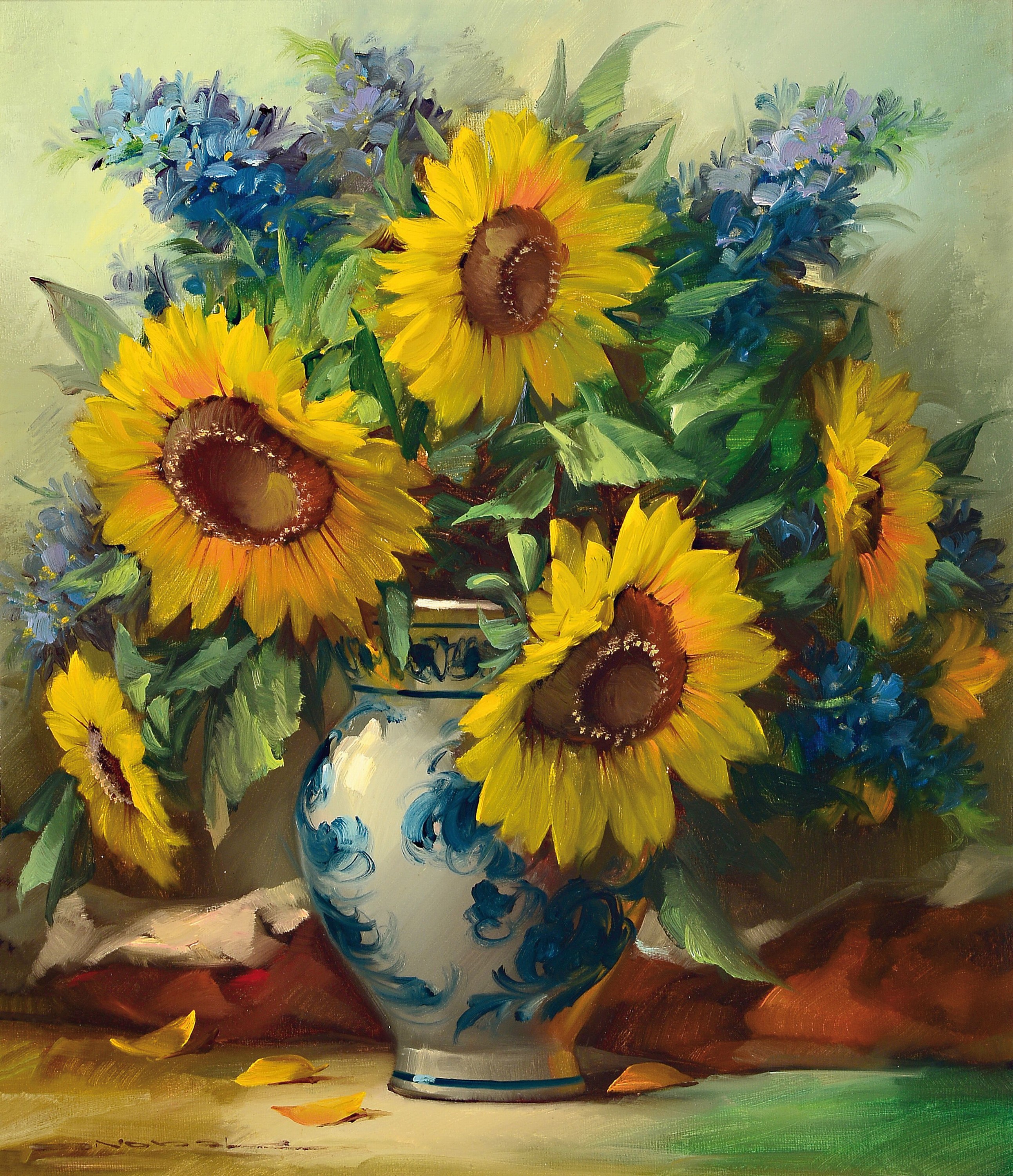 Eduard Nowak,geb. 1913, Stillleben mit Sonnenblumen in Westerwälder Krug, Öl/Lwd, links unten signiert, ca. 70x60cm, R. ca. 86x76cm