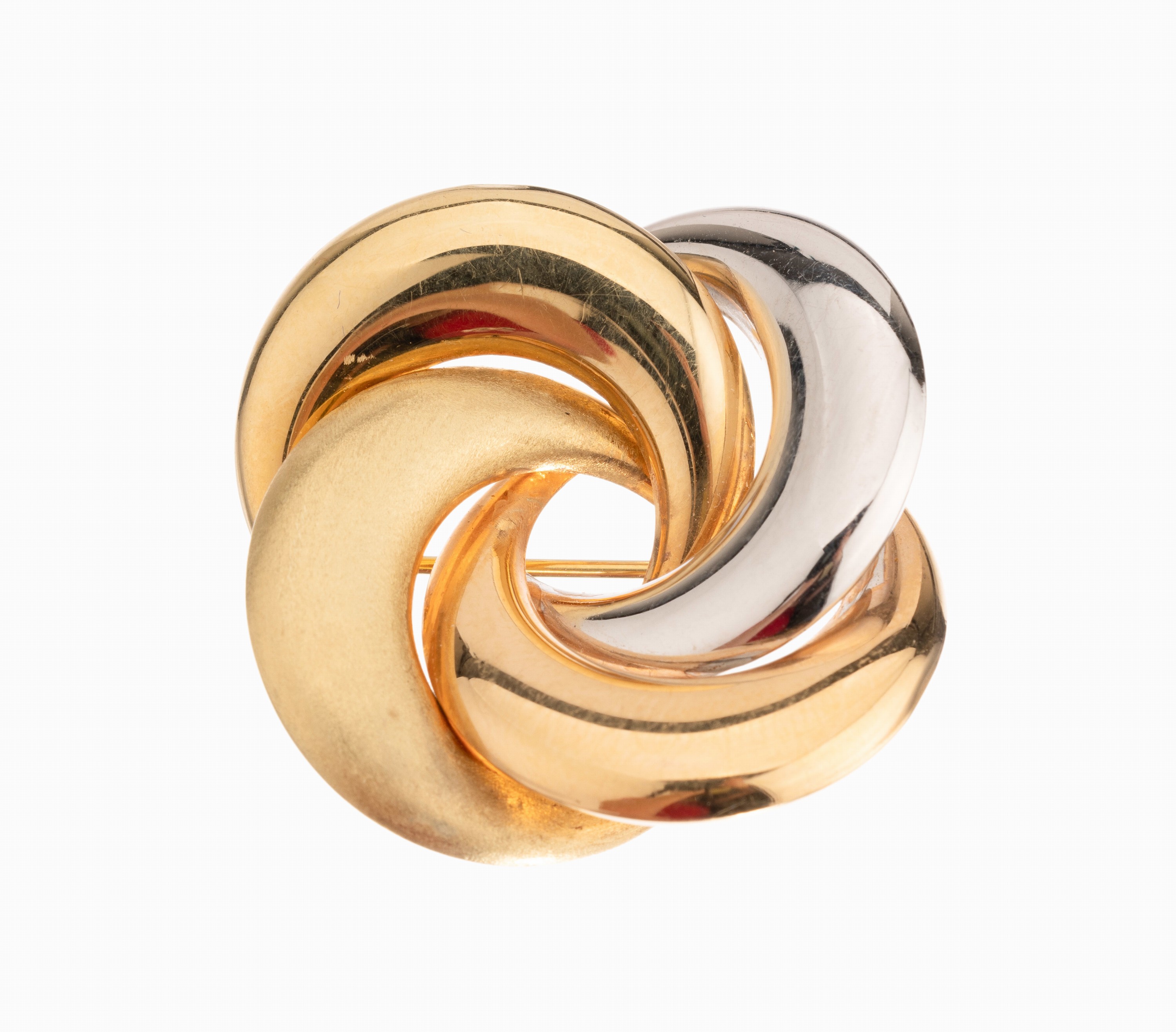 14 kt Gold Brosche, ca. 5.6 g, GG/WG/RG 585/000, knotenf., 1 Element matt., D. ca. 3 cm