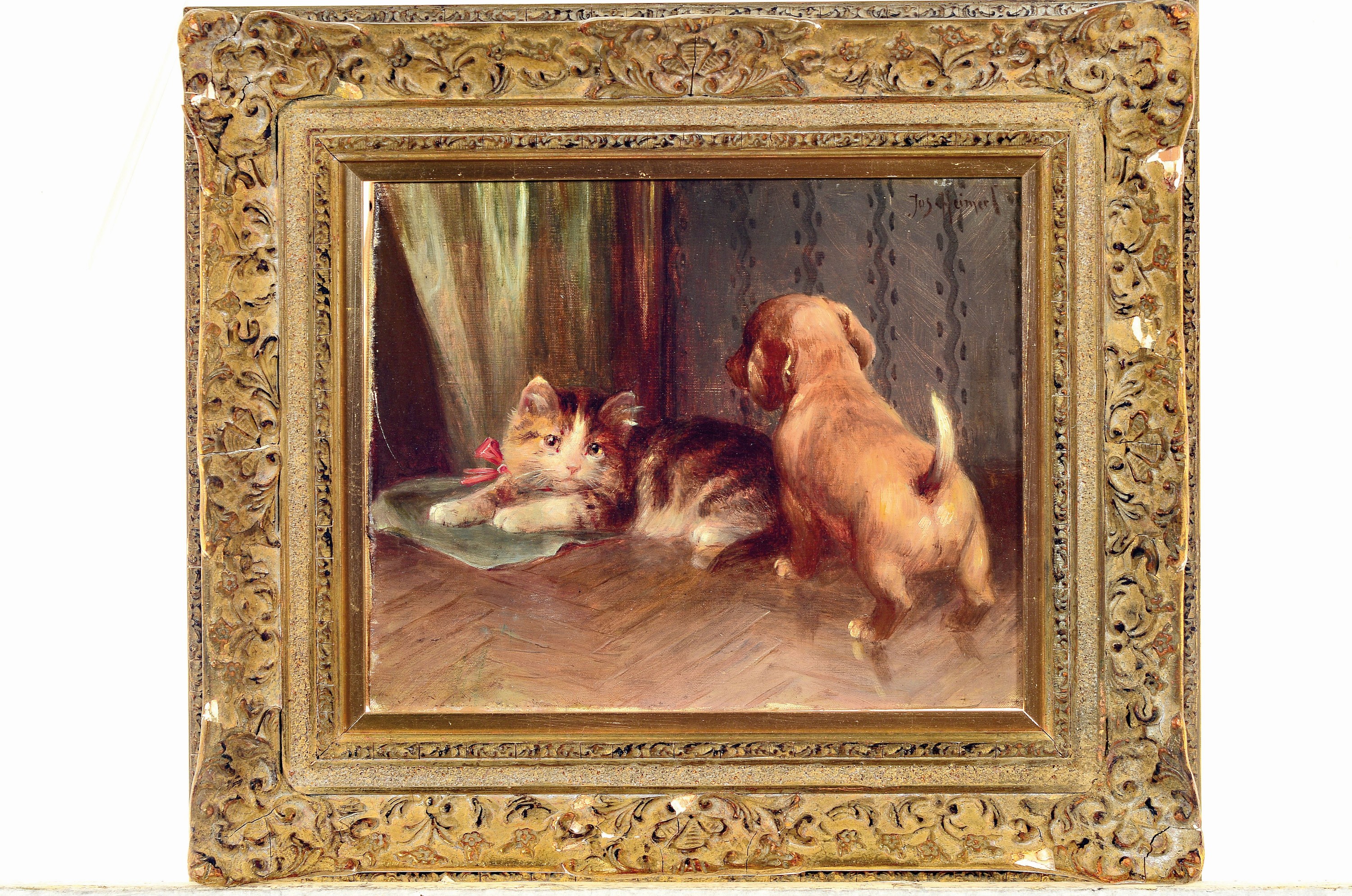 Detail k: Josef Heimerl, 1867 Wien - 1918, Kätzchen und Hundewelpe in der Stube, rechts oben signiert, Öl/Lwd, Prunkrahmen mehrfach best., 21,5x26,5 / 35x40 ...