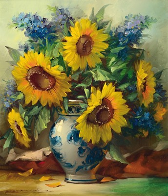 Image Eduard Nowak, born 1913, still life with sunflowers in a Westerwald jug, oil/canvas, ...