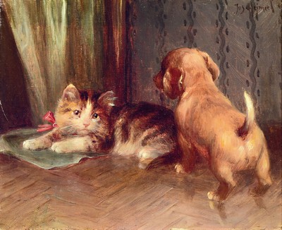 Image Josef Heimerl, 1867 Wien - 1918, Kätzchen und Hundewelpe in der Stube, rechts oben ...