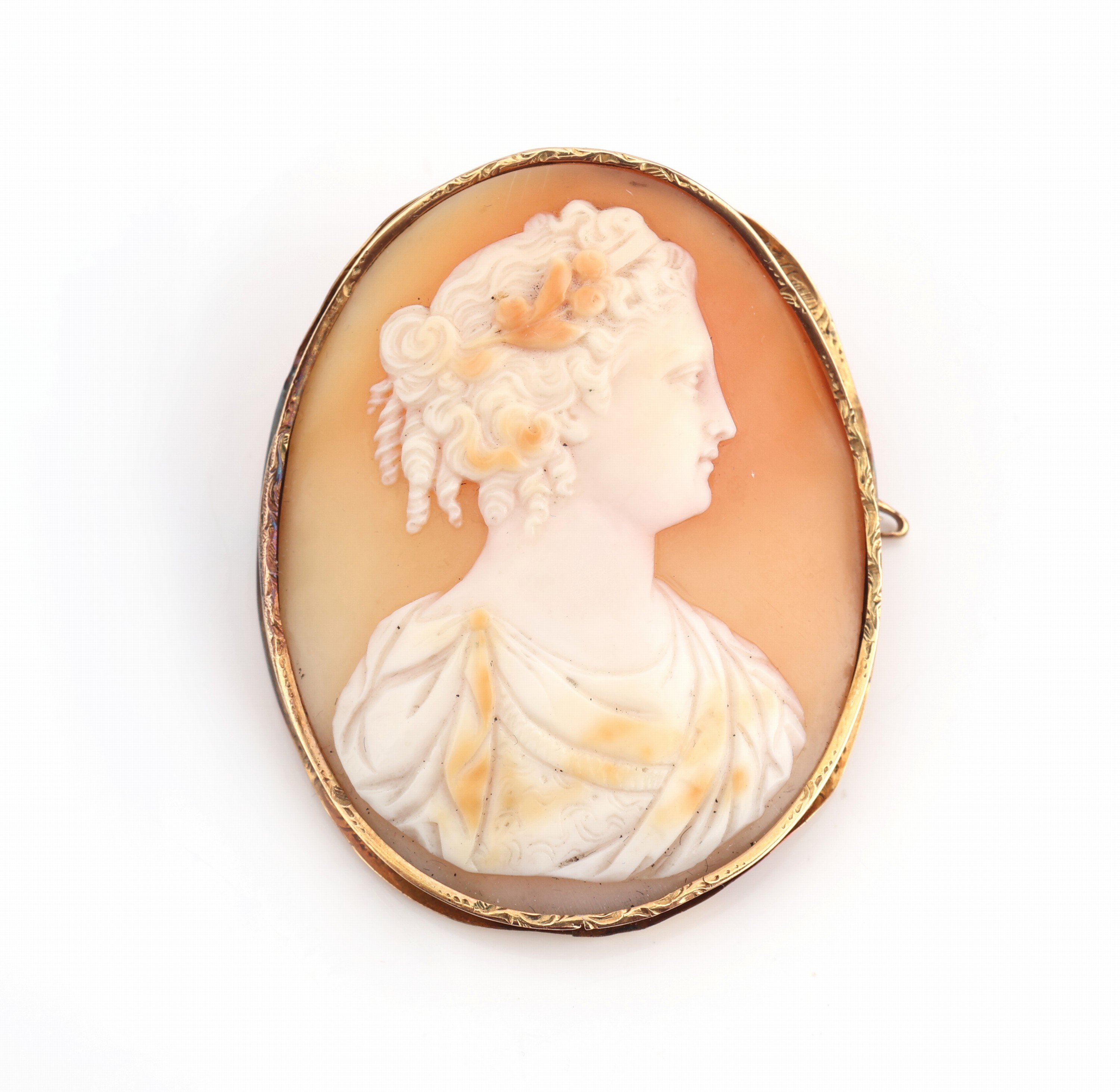 18 kt Gold Kamee-Brosche, Fassung GG 750/000 gepr., Frauenportrait, ca. 5 x 4 cm, guter Schnitt