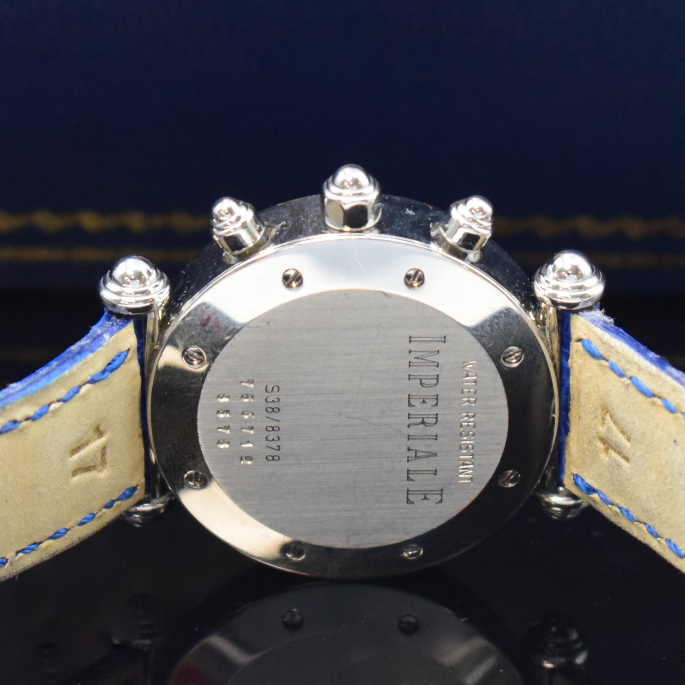 Detail e: CHOPARD Imperiale Godolphin Edition Armbandchronograph in Stahl Referenz 8378, Schweiz um 2005, quarz, orig. Lederband m. Dornschl., Boden 8-fach ...
