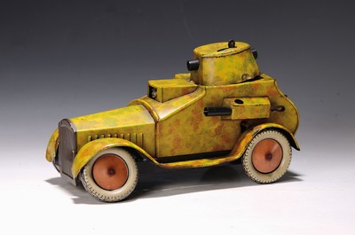 Image Armored car, Arnold, 20/30s, sheet metal, withcamouflage paint, damaged and bent due to ...