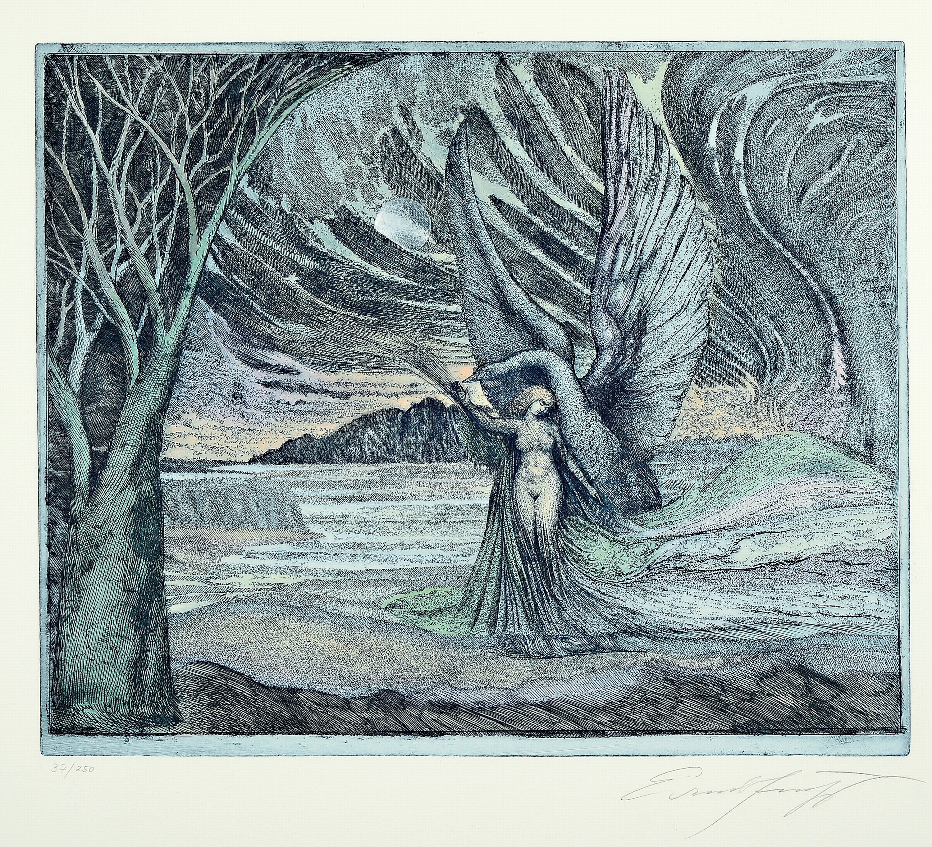 Ernst Fuchs, 1930-2015, 2 Farbradierungen, "Leda und der Schwan" Ed. 37/250, unter Glas gerahmt 56x67 cm; ohne Titel, Ed. 112/300, unter ...