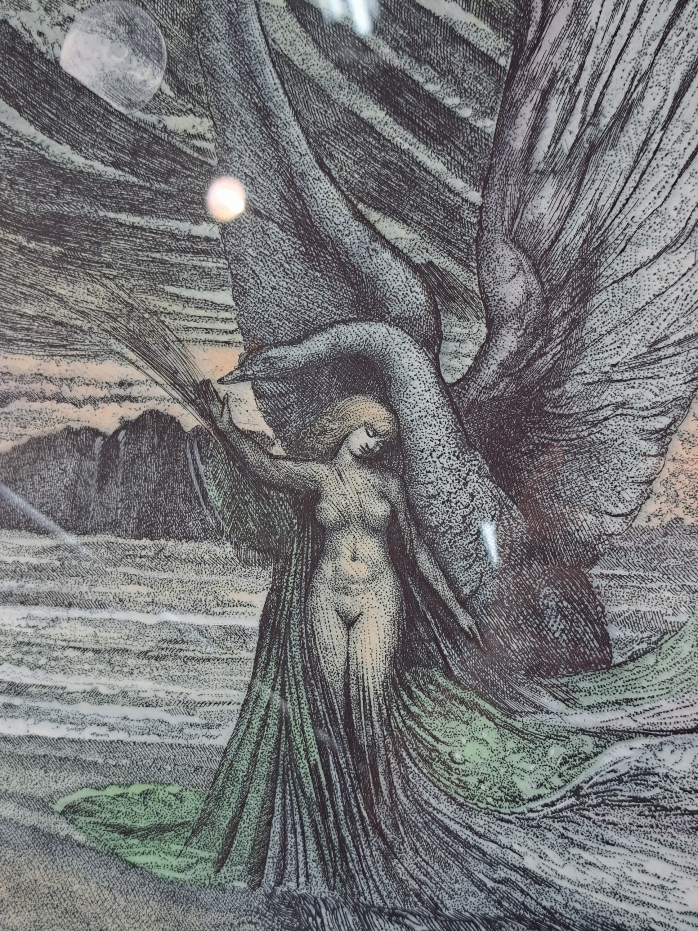 Detail a: Ernst Fuchs, 1930-2015, 2 Farbradierungen, "Leda und der Schwan" Ed. 37/250, unter Glas gerahmt 56x67 cm; ohne Titel, Ed. 112/300, unter ...