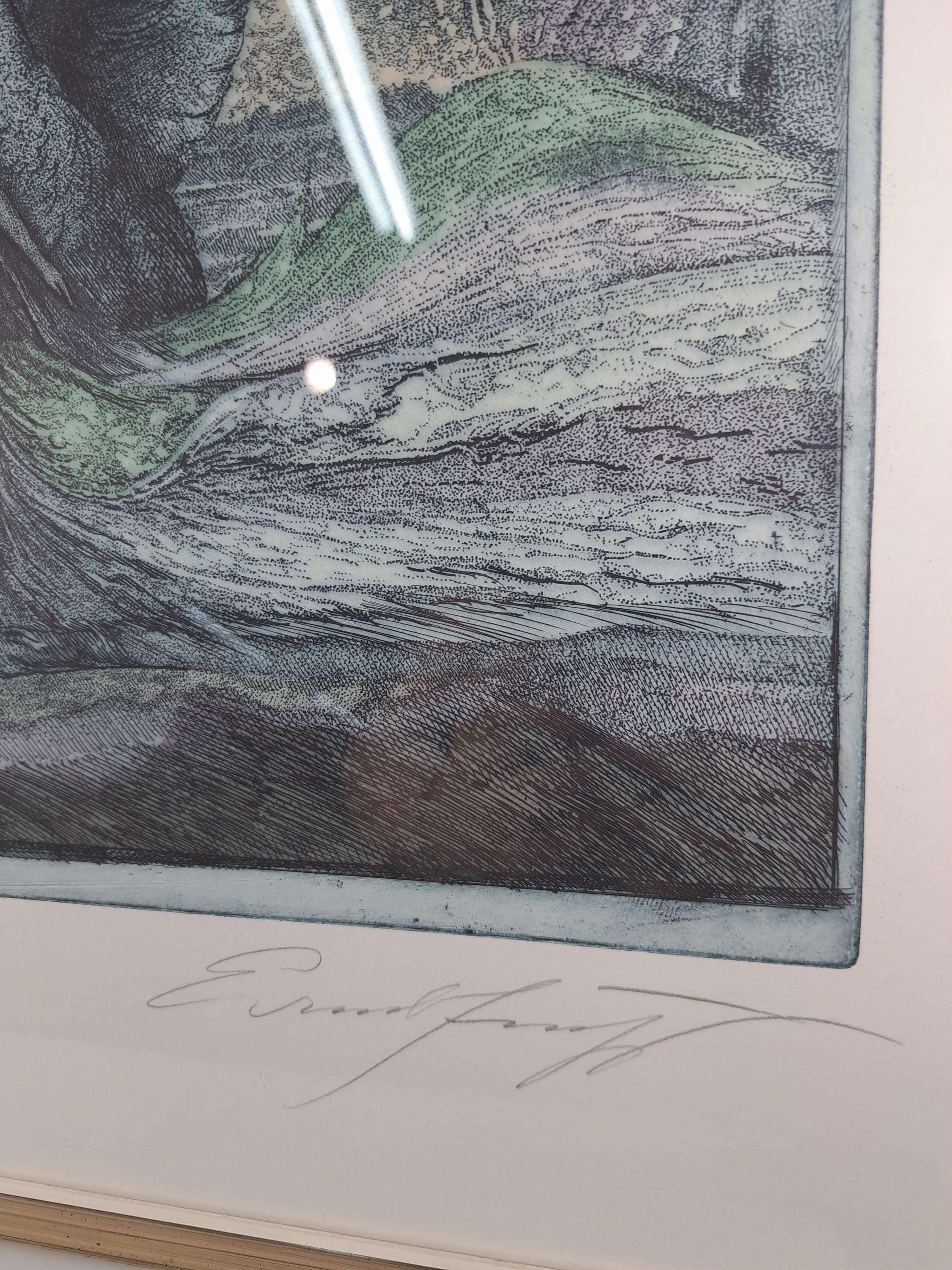 Detail b: Ernst Fuchs, 1930-2015, 2 Farbradierungen, "Leda und der Schwan" Ed. 37/250, unter Glas gerahmt 56x67 cm; ohne Titel, Ed. 112/300, unter ...