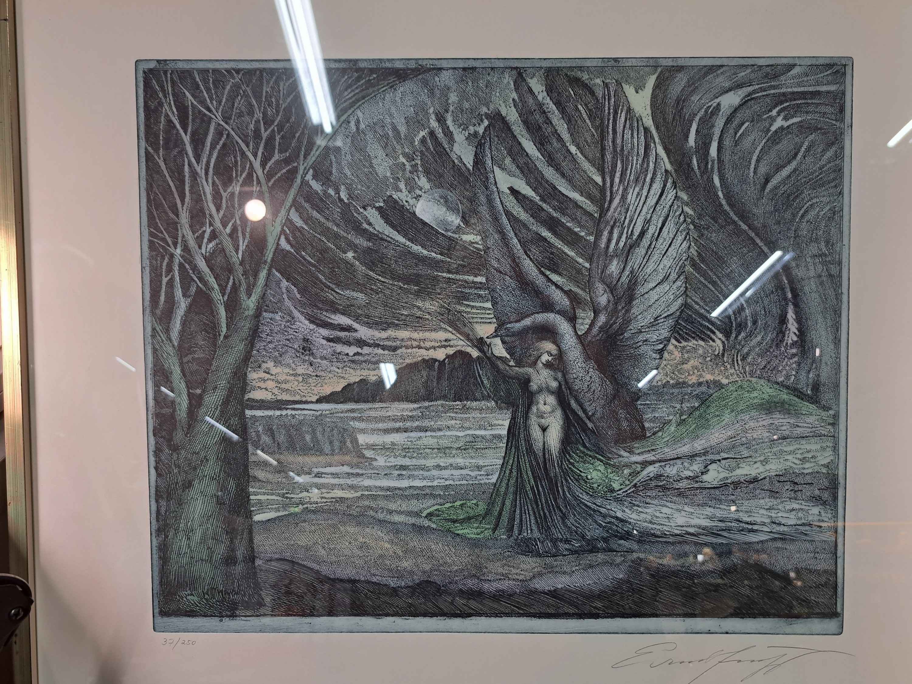 Detail c: Ernst Fuchs, 1930-2015, 2 Farbradierungen, "Leda und der Schwan" Ed. 37/250, unter Glas gerahmt 56x67 cm; ohne Titel, Ed. 112/300, unter ...