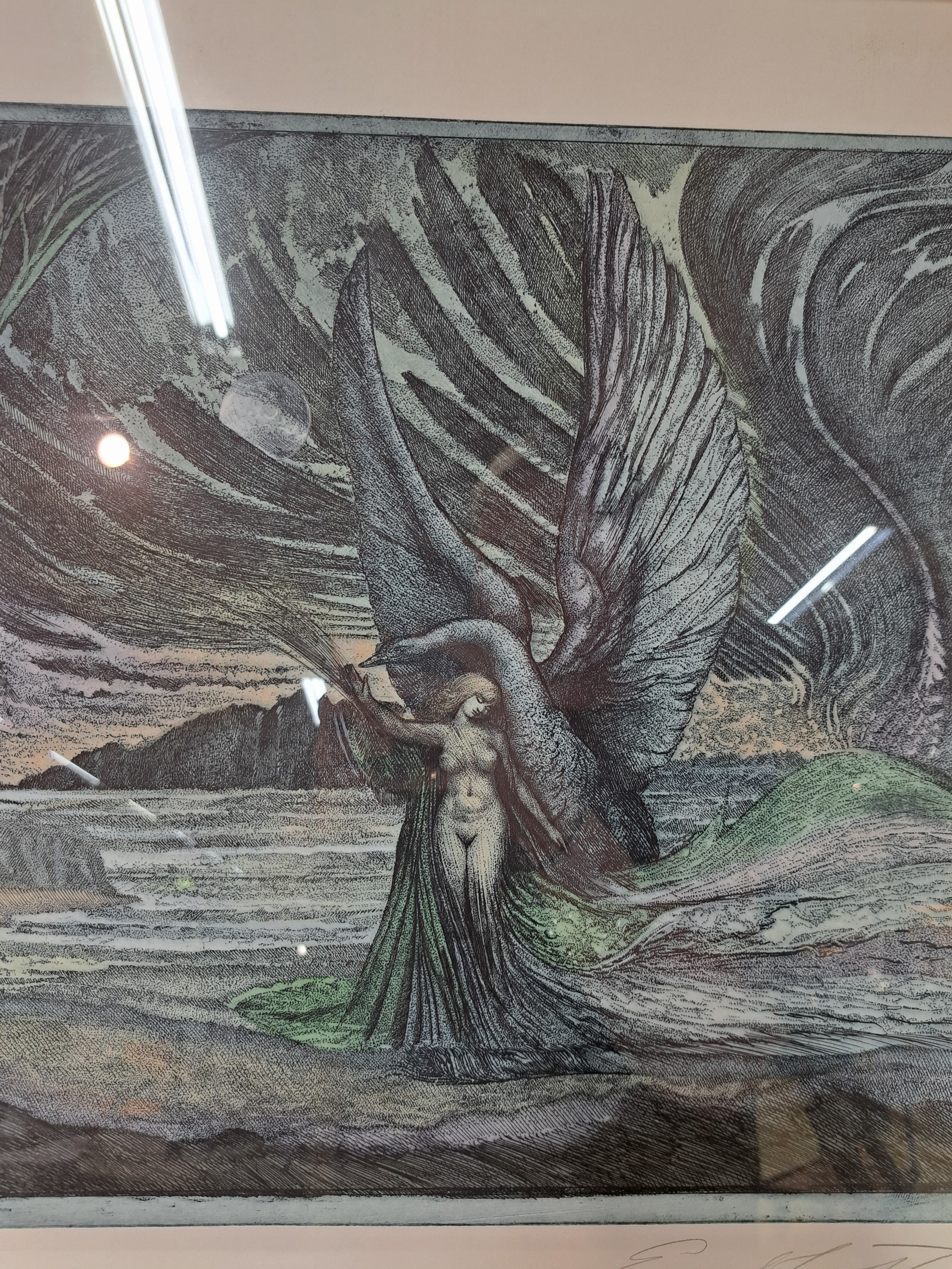 Detail d: Ernst Fuchs, 1930-2015, 2 Farbradierungen, "Leda und der Schwan" Ed. 37/250, unter Glas gerahmt 56x67 cm; ohne Titel, Ed. 112/300, unter ...