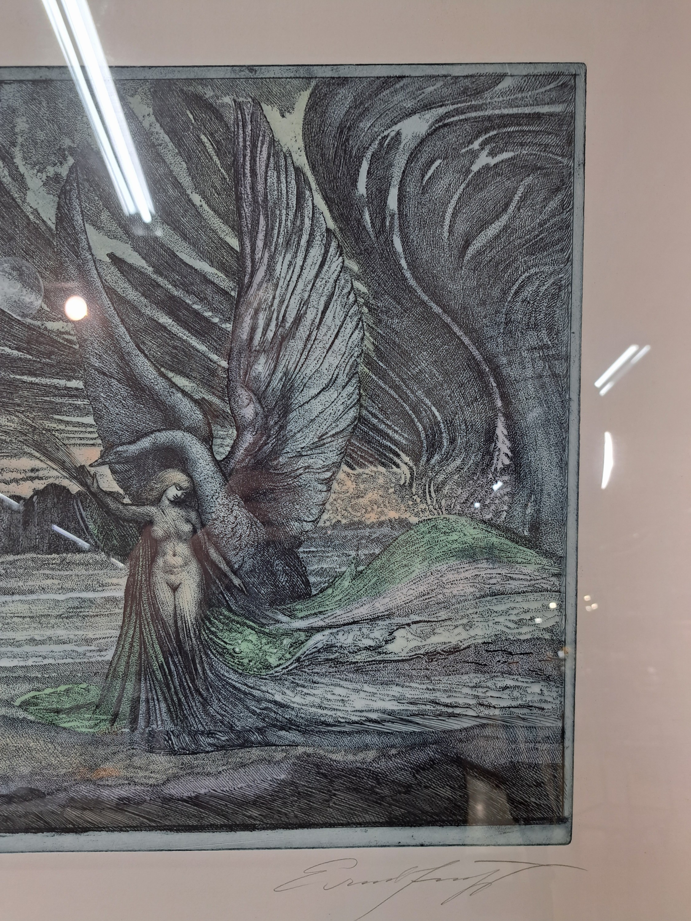 Detail e: Ernst Fuchs, 1930-2015, 2 Farbradierungen, "Leda und der Schwan" Ed. 37/250, unter Glas gerahmt 56x67 cm; ohne Titel, Ed. 112/300, unter ...