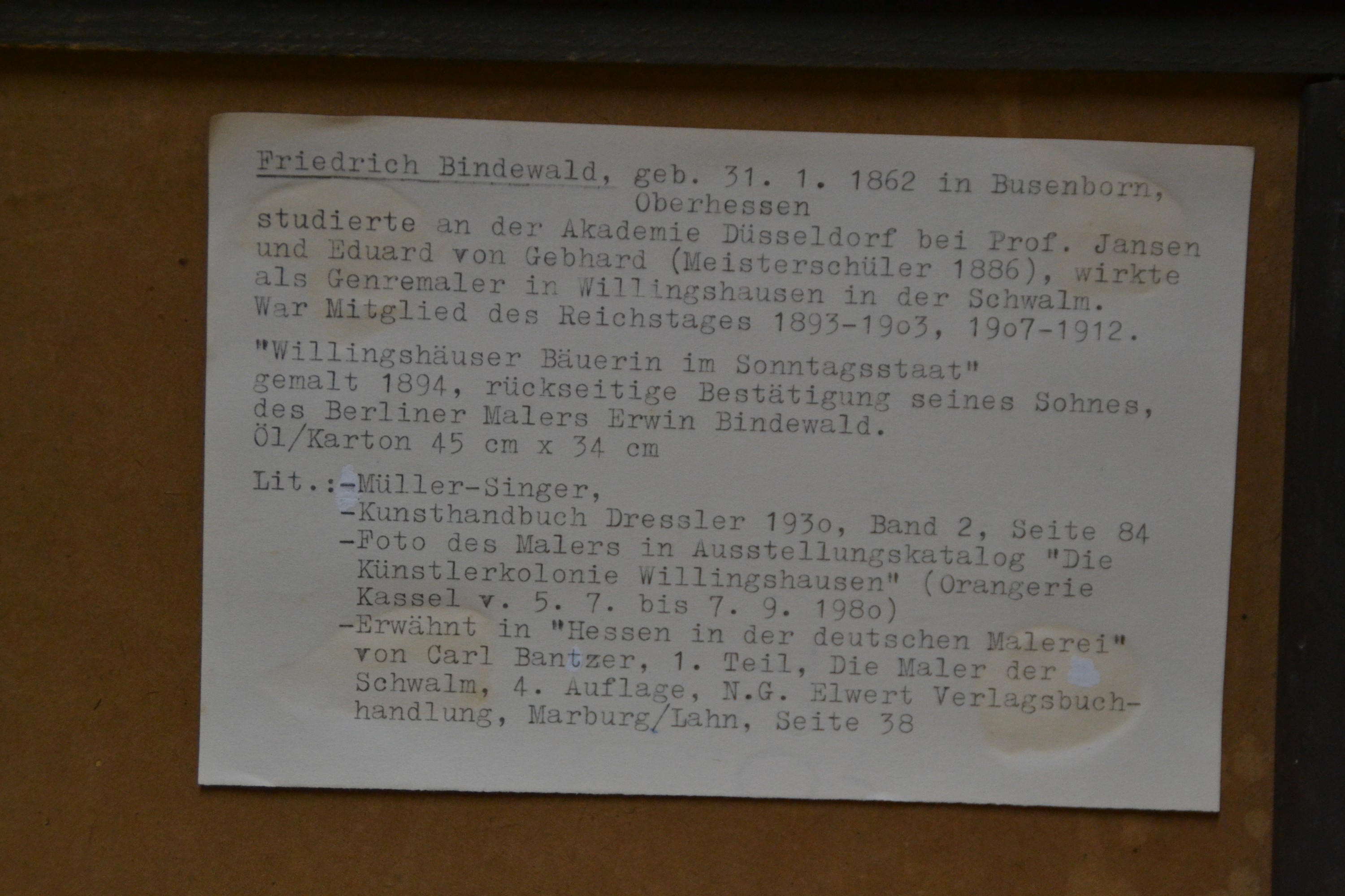 Detail c: Friedrich Bindewald, 1862 Busenborn - 1940 Berlin, Studium an der Akademie Düsseldorf, Ölstudie "Oberhessische Bäuerin im Sonntagsstaat aus ...