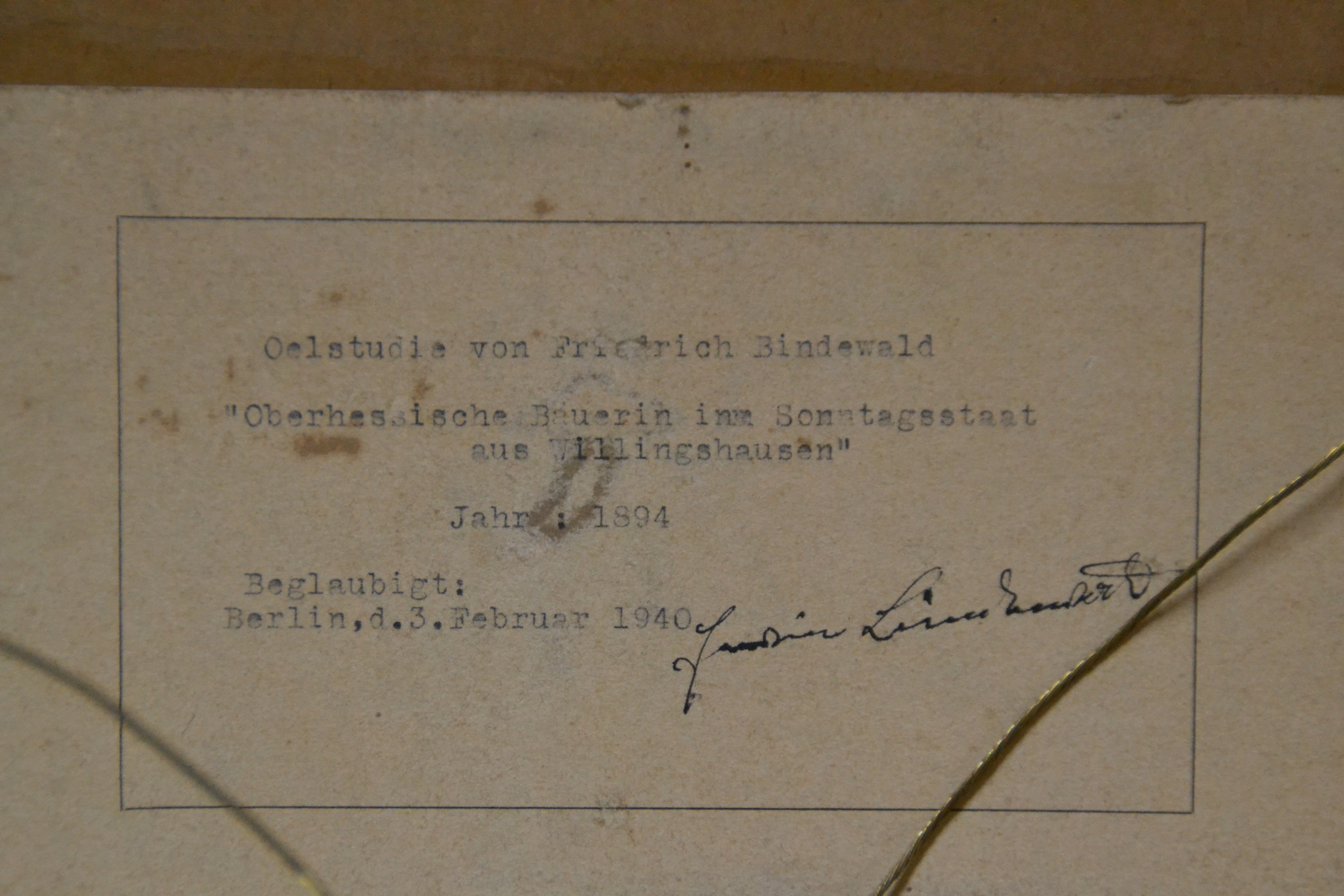 Detail d: Friedrich Bindewald, 1862 Busenborn - 1940 Berlin, Studium an der Akademie Düsseldorf, Ölstudie "Oberhessische Bäuerin im Sonntagsstaat aus ...