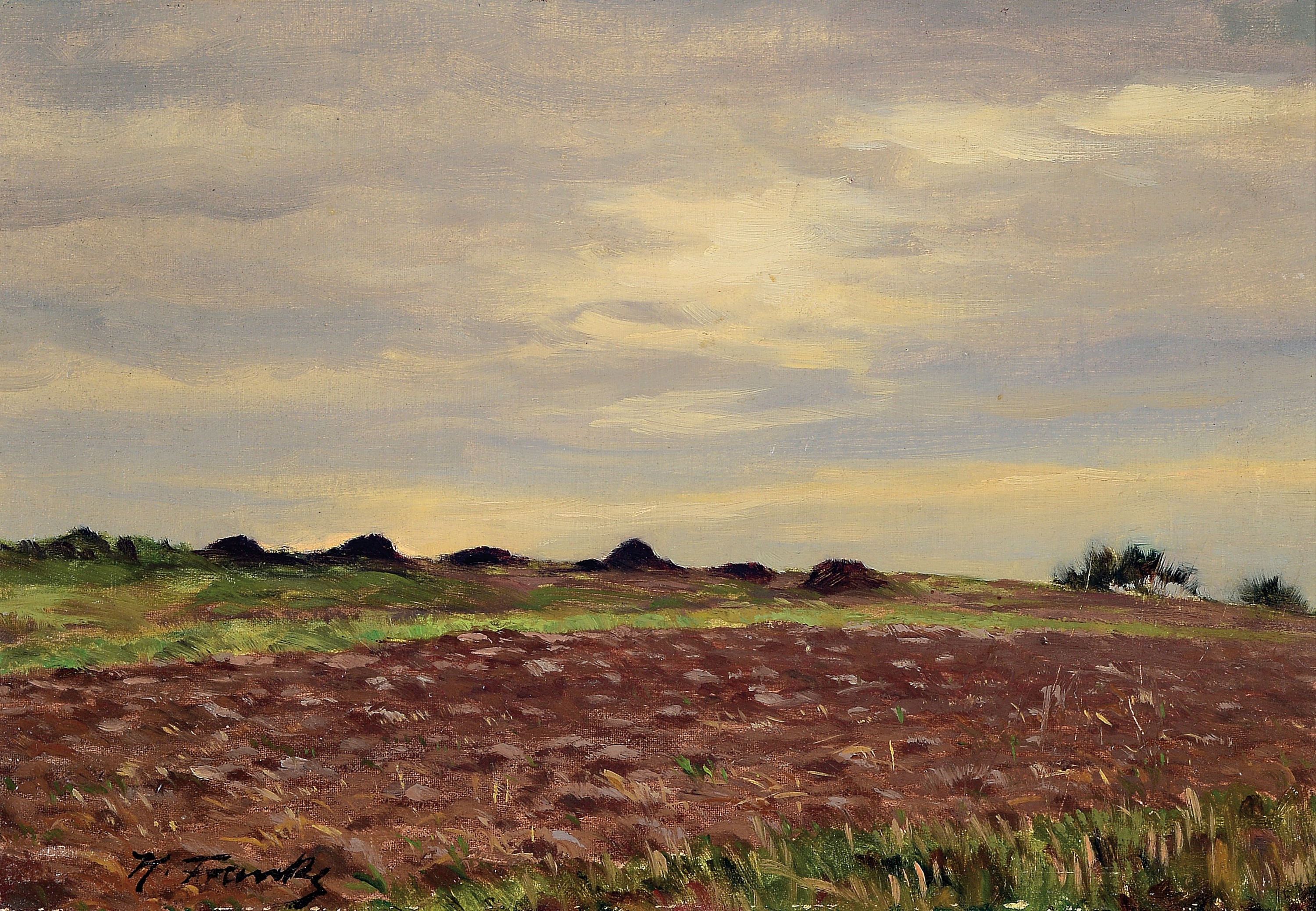 Hanni Franke, 1890 Koblenz-1973 Frankfurt am Main, Landschaft, Acker nach der Ernte, Öl/Holz, links unten signiert, ca. 23 x 32 cm,Rahmen 31 x 40 ...