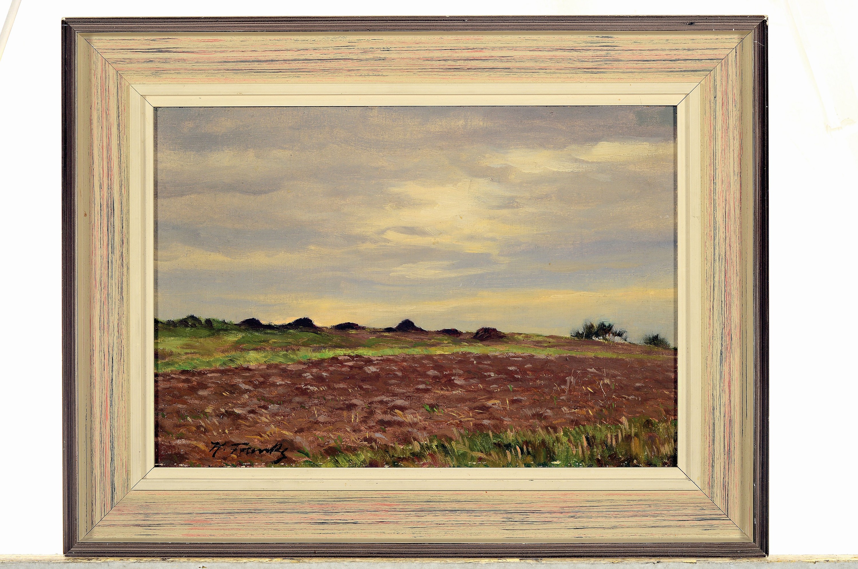 Detail k: Hanni Franke, 1890 Koblenz-1973 Frankfurt am Main, Landschaft, Acker nach der Ernte, Öl/Holz, links unten signiert, ca. 23 x 32 cm,Rahmen 31 x 40 ...