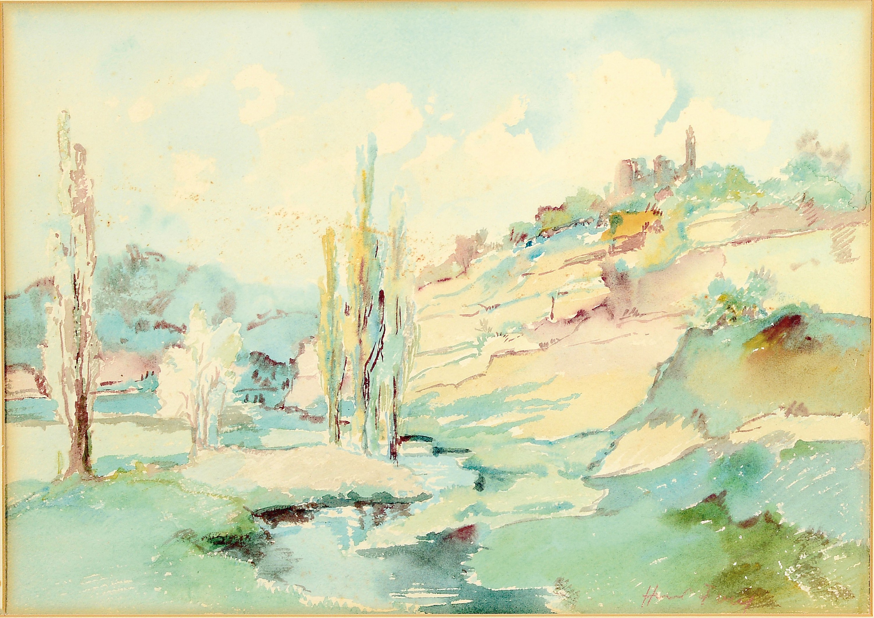 Hanns Fay, 1888 Frankenthal - 1957 Neustadt, Aquarell, pfälzer Landschaft, wohl Blick auf die Limburg, handsigniert, l. verschmutzt, unter Glas ...