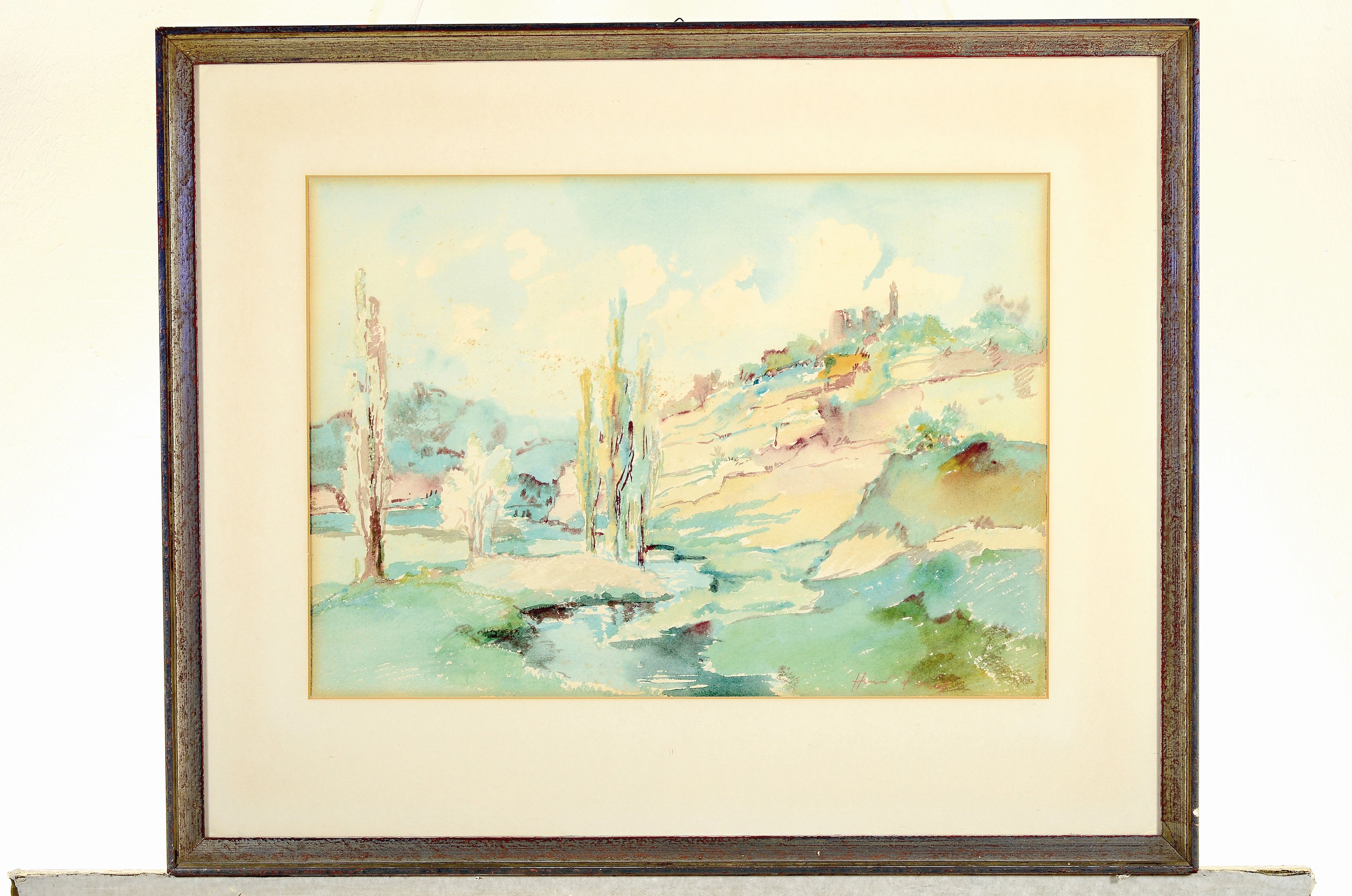 Detail k: Hanns Fay, 1888 Frankenthal - 1957 Neustadt, Aquarell, pfälzer Landschaft, wohl Blick auf die Limburg, handsigniert, l. verschmutzt, unter Glas ...