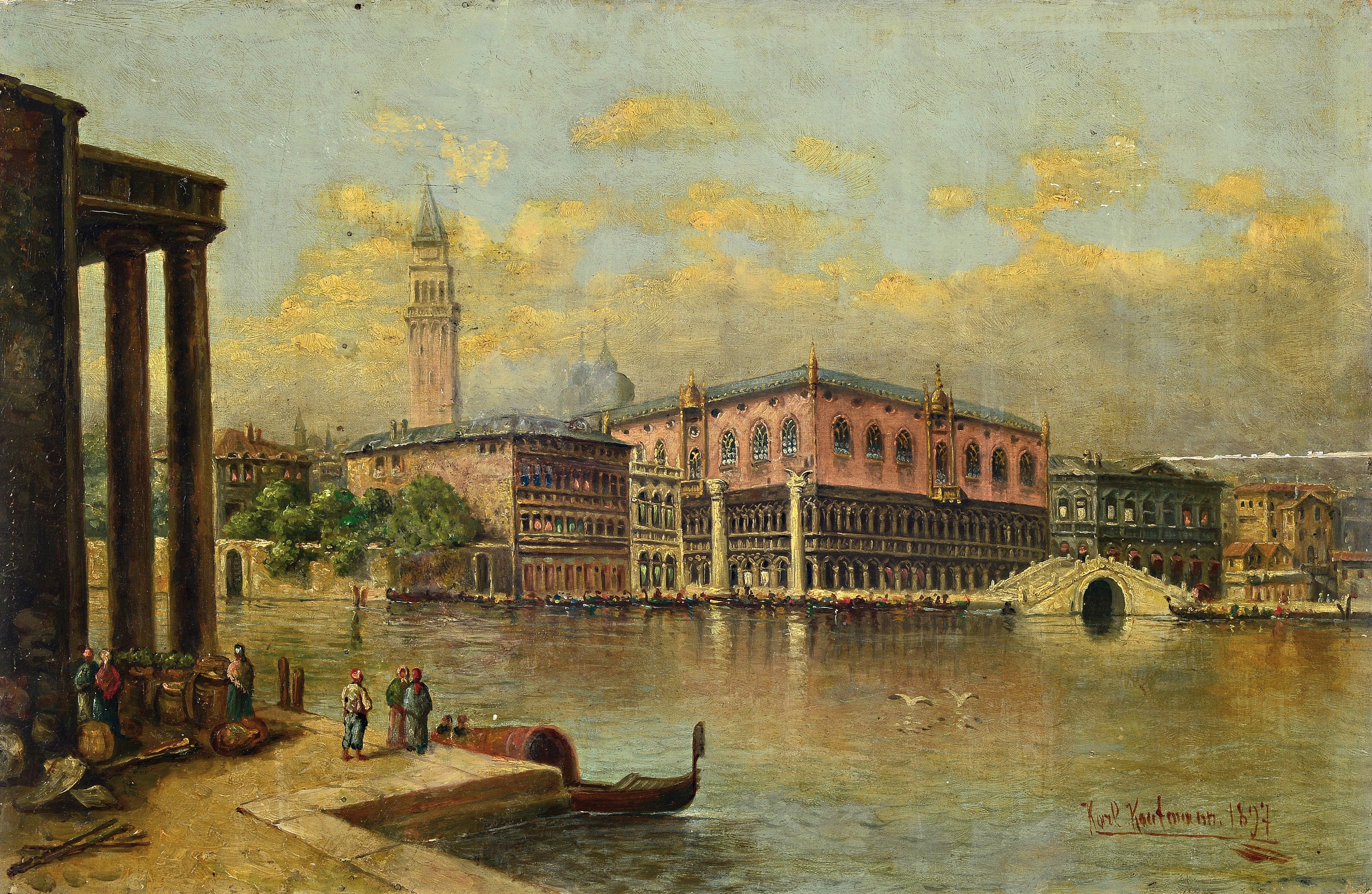 Karl Kaufmann, 1843 Neuplachowitz-1905 Wien, Ansicht aus Venedig, Blick auf den Markusplatz, rechts unten signiert und datiert 1897, Öl/Holz, Platte ...