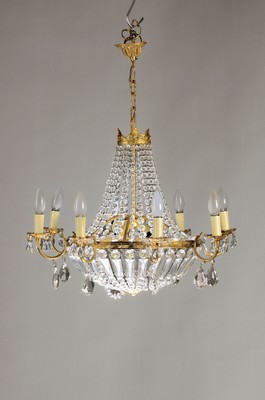 Image Ceiling chandelier, classicist, around 1910, gold-plated brass frame, rich glass ...