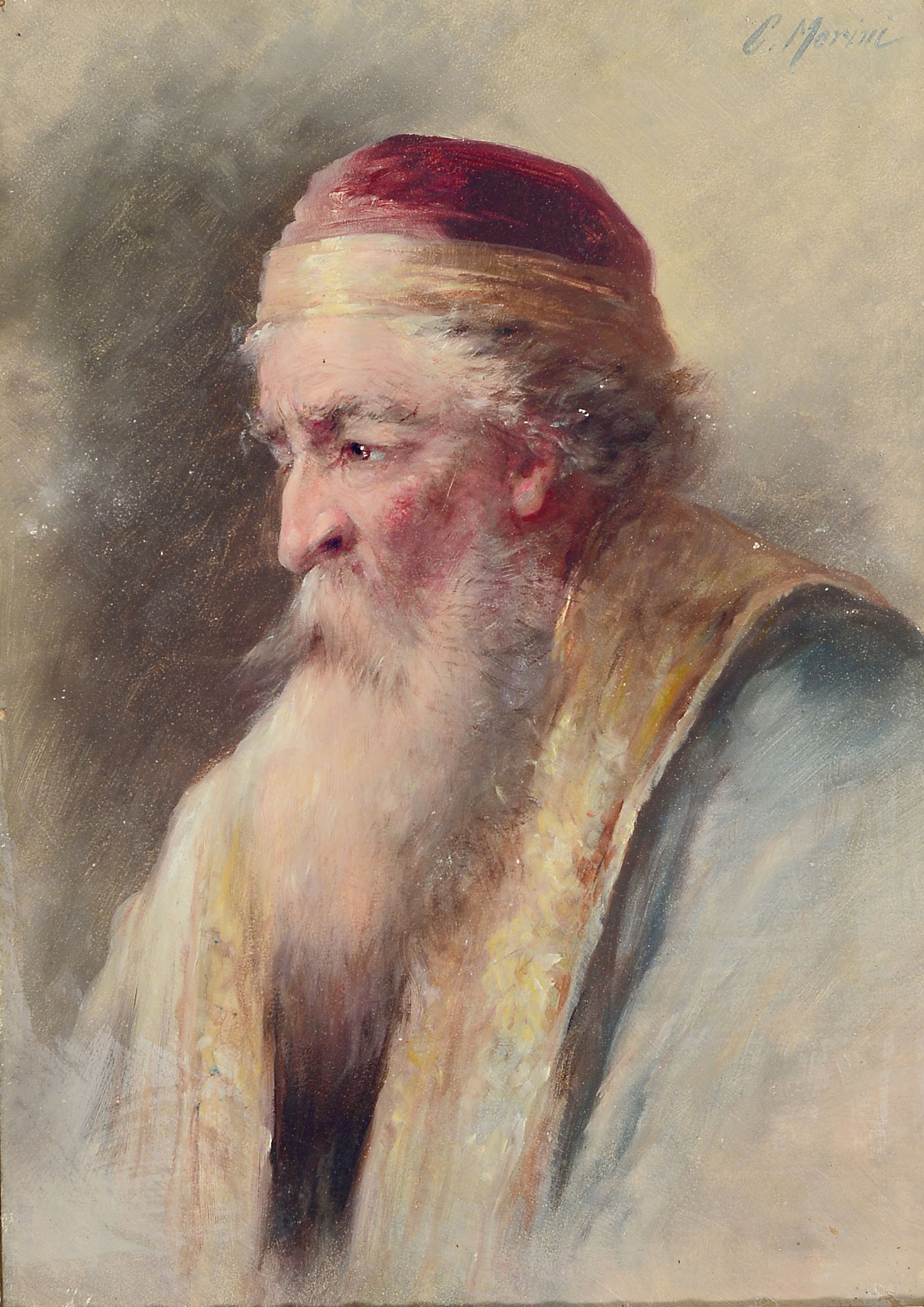 C. Morini, Künstler um 1900, Porträt eines bärtigen Juden, oben rechts signiert, Öl/Karton, verso bez. "ausgestellt in Dresden ...